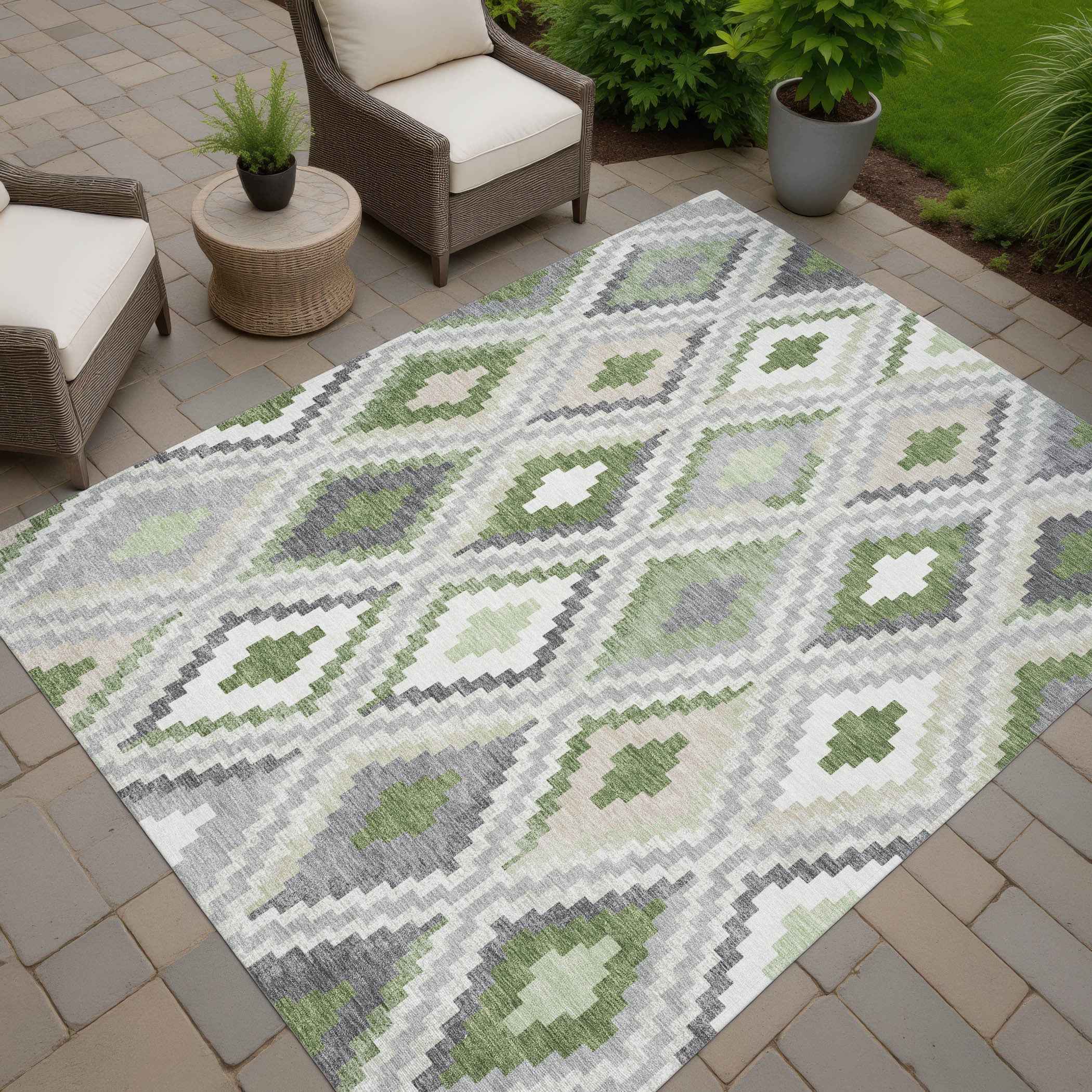 8' X 10' Fern Green Gray And Ivory Geometric Washable Indoor Outdoor Area Rug