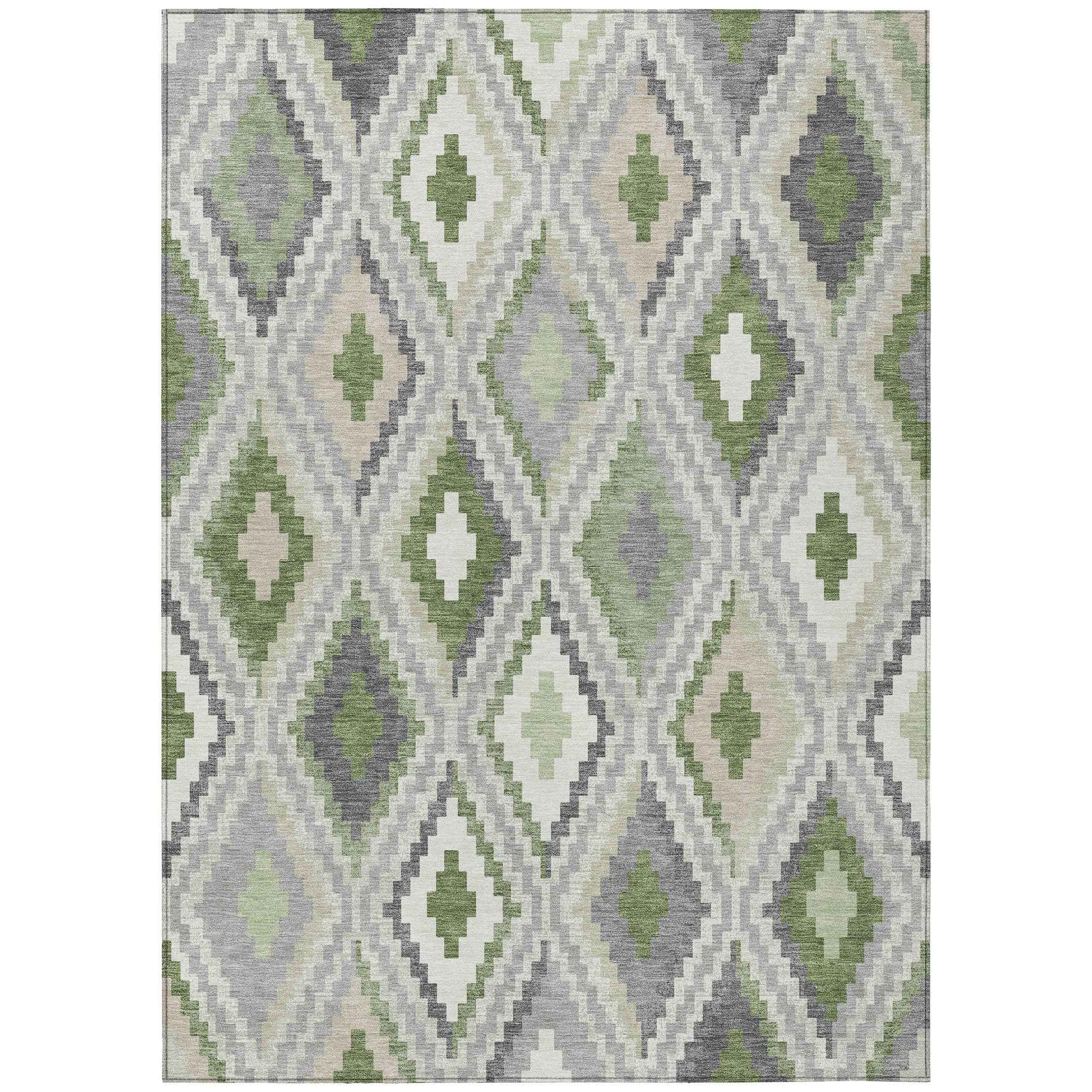 8' X 10' Fern Green Gray And Ivory Geometric Washable Indoor Outdoor Area Rug