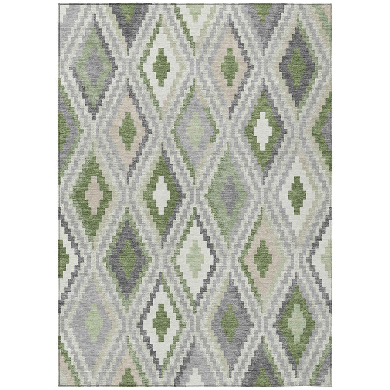 8' X 10' Fern Green Gray And Ivory Geometric Washable Indoor Outdoor Area Rug