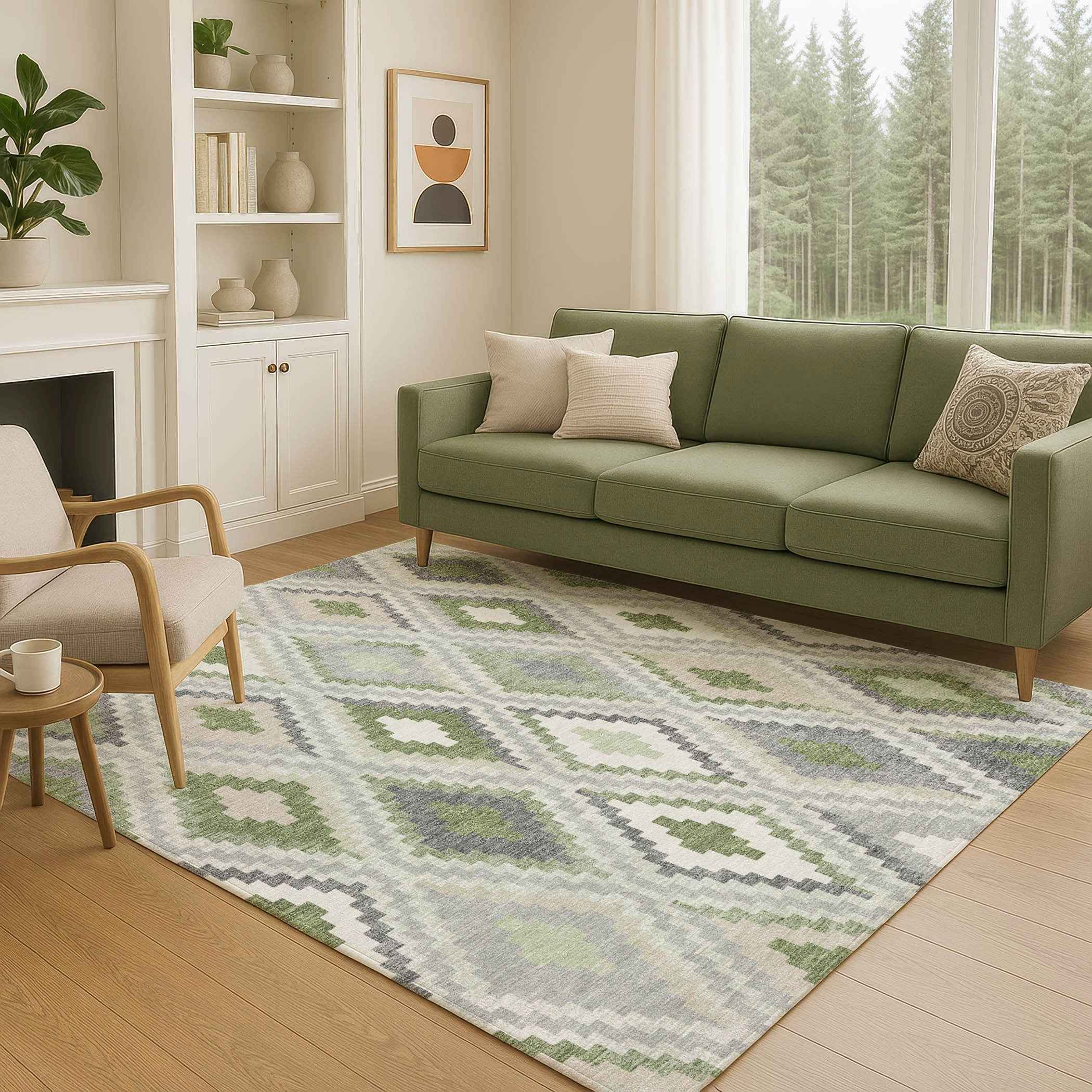 8' X 10' Fern Green Gray And Ivory Geometric Washable Indoor Outdoor Area Rug