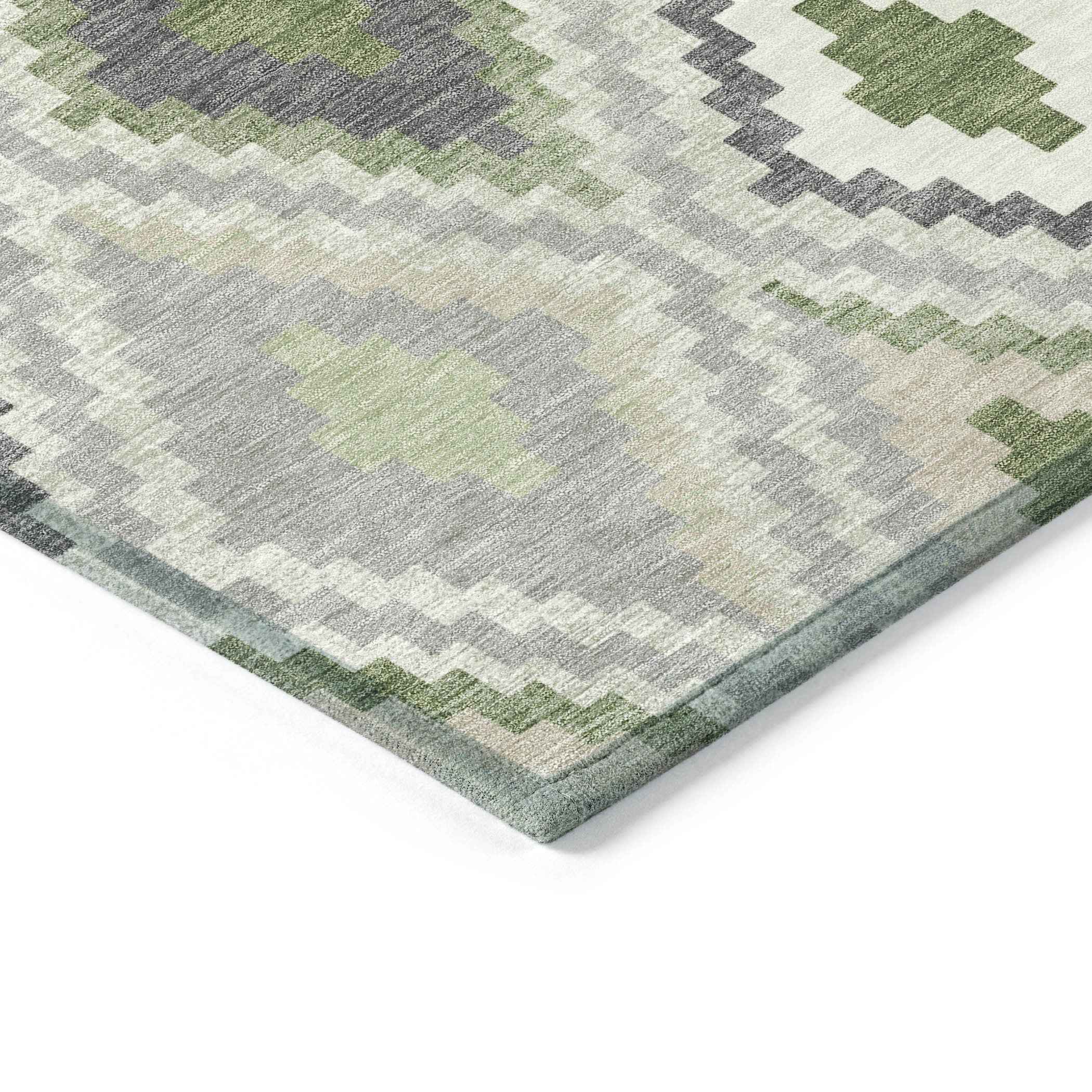 8' X 10' Fern Green Gray And Ivory Geometric Washable Indoor Outdoor Area Rug