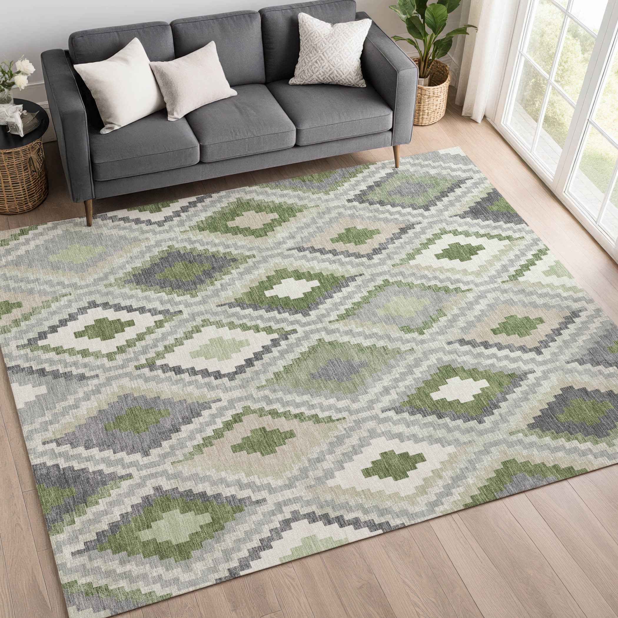 8' X 10' Fern Green Gray And Ivory Geometric Washable Indoor Outdoor Area Rug