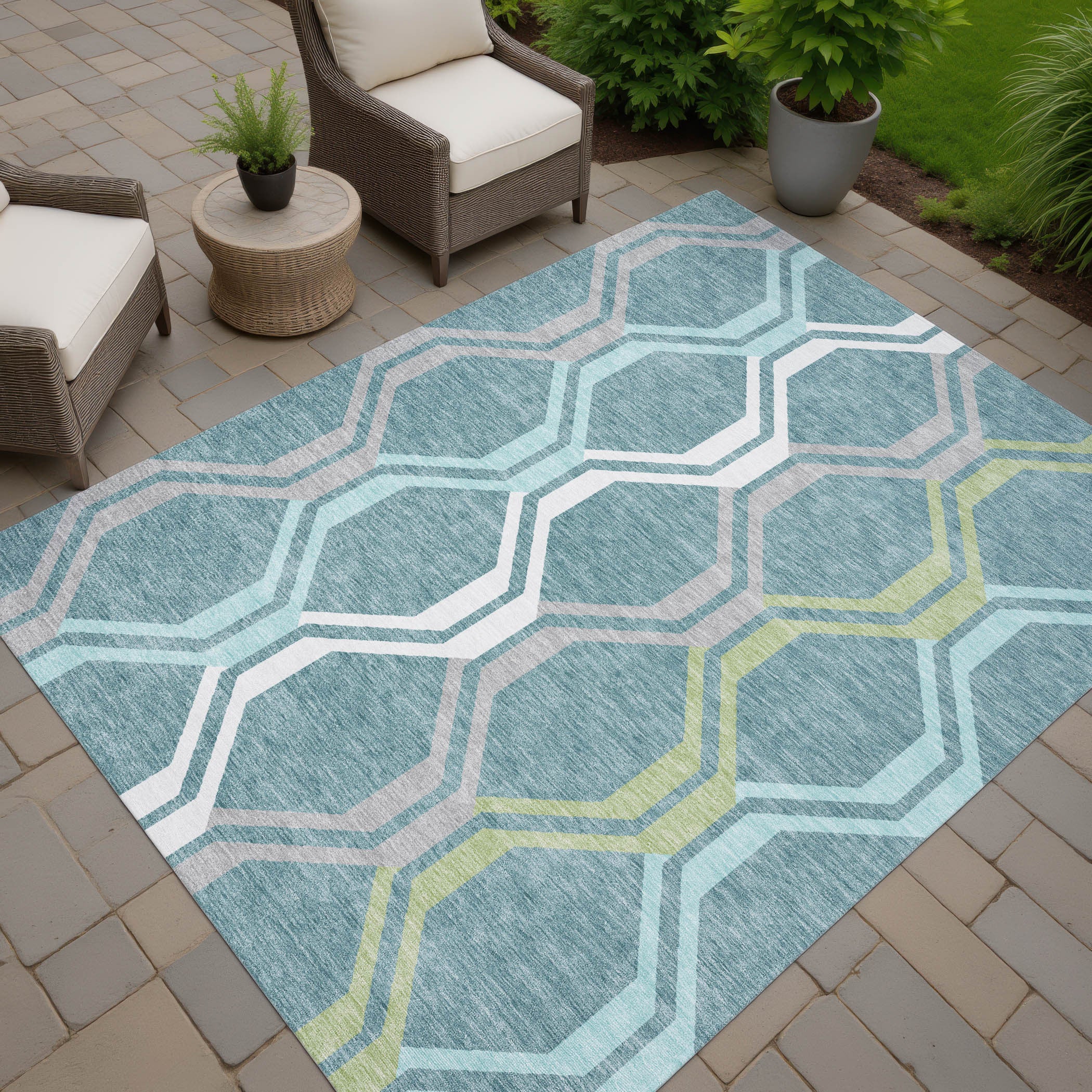 3' X 5' Teal Blue Gray And Ivory Geometric Washable Indoor Outdoor Area Rug - Sports & Outdoor