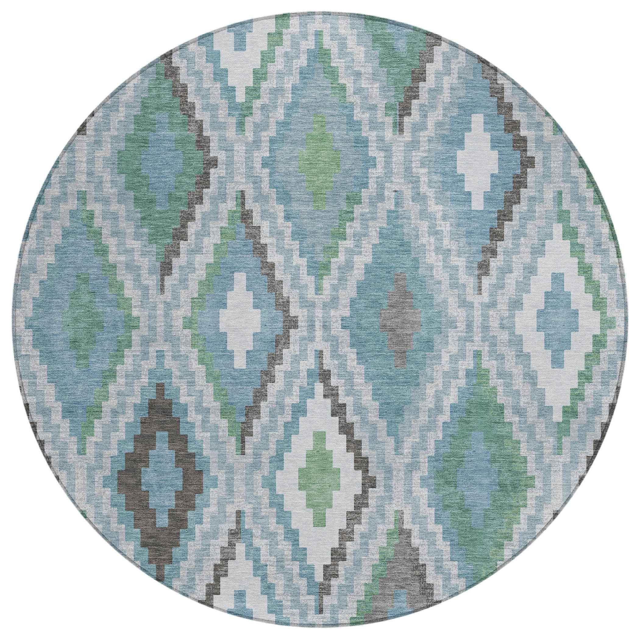 8' Teal Blue Ivory And Green Round Geometric Washable Indoor Outdoor Area Rug