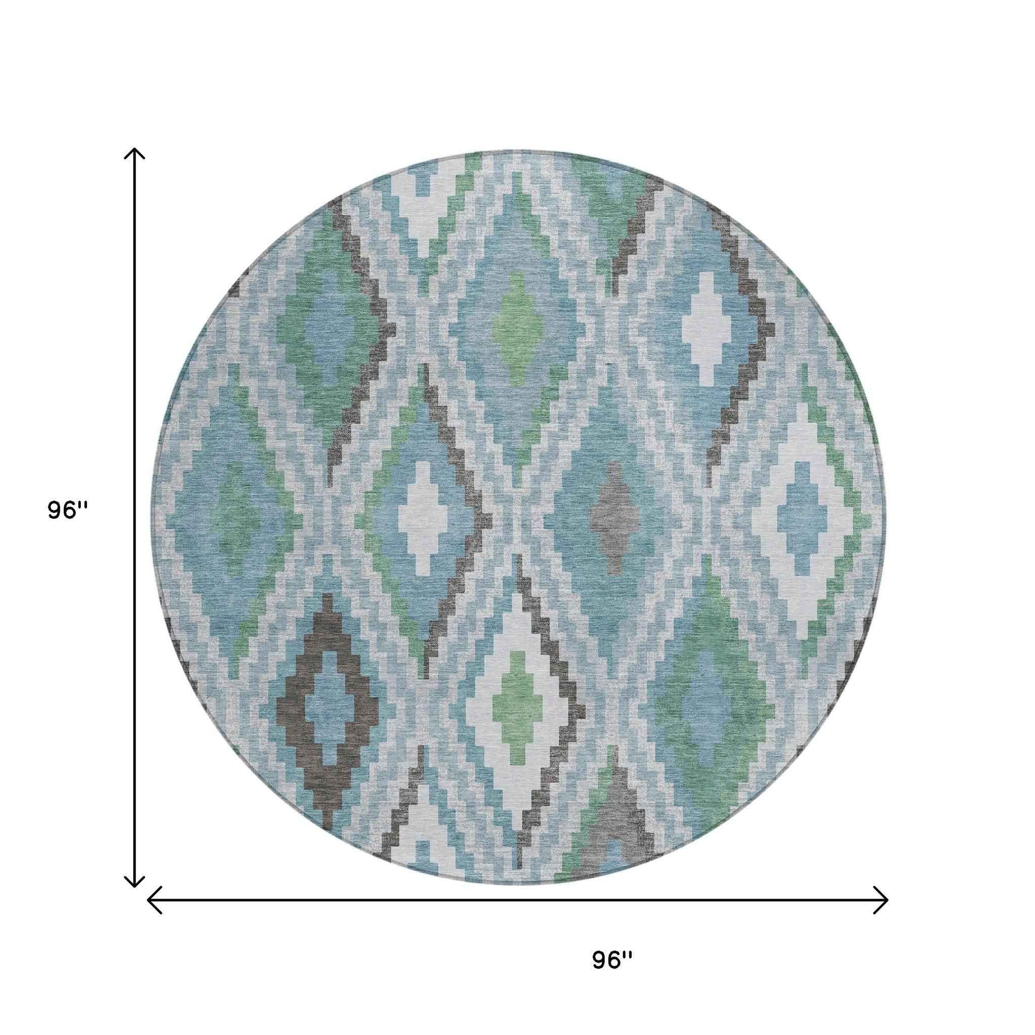 8' Teal Blue Ivory And Green Round Geometric Washable Indoor Outdoor Area Rug