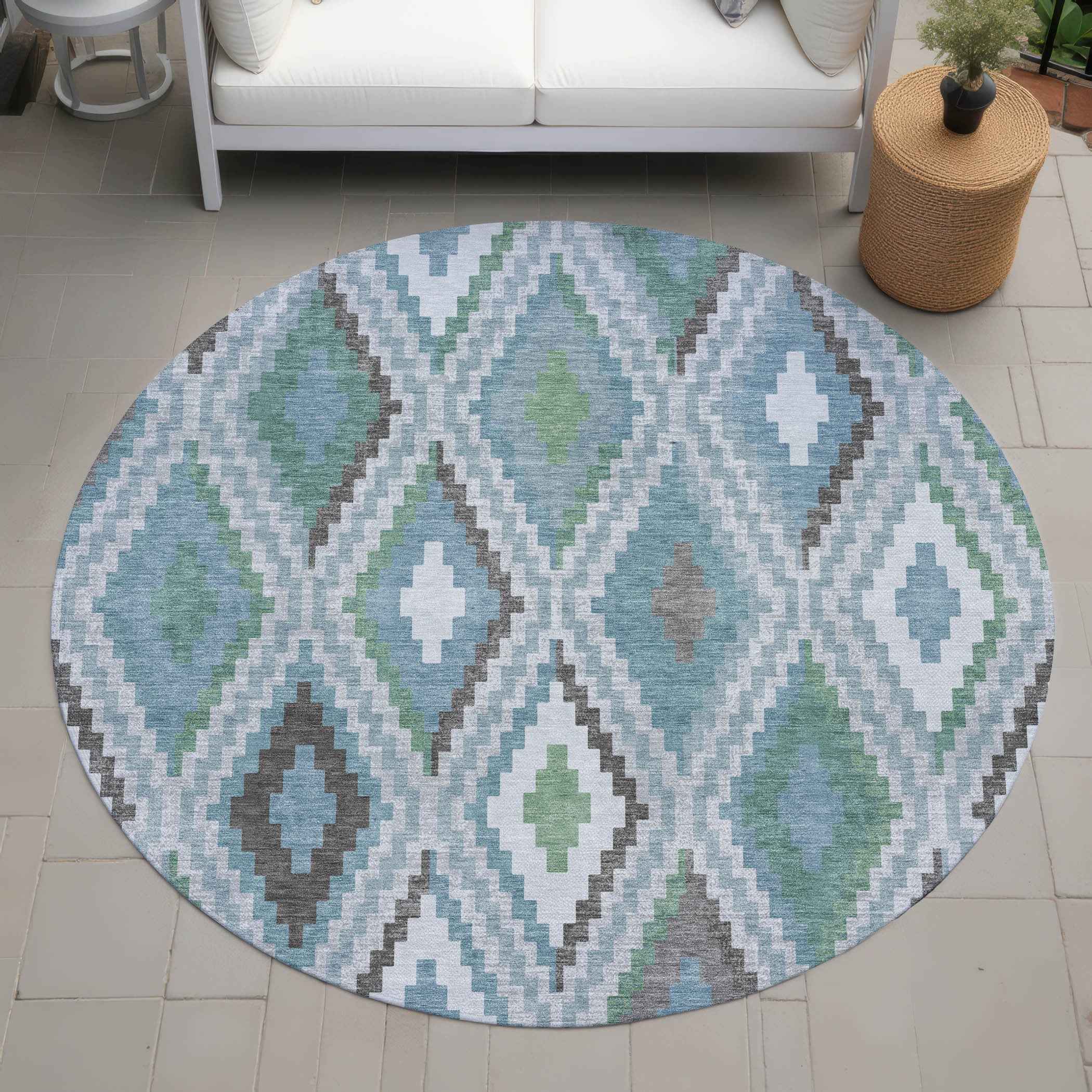 8' Teal Blue Ivory And Green Round Geometric Washable Indoor Outdoor Area Rug