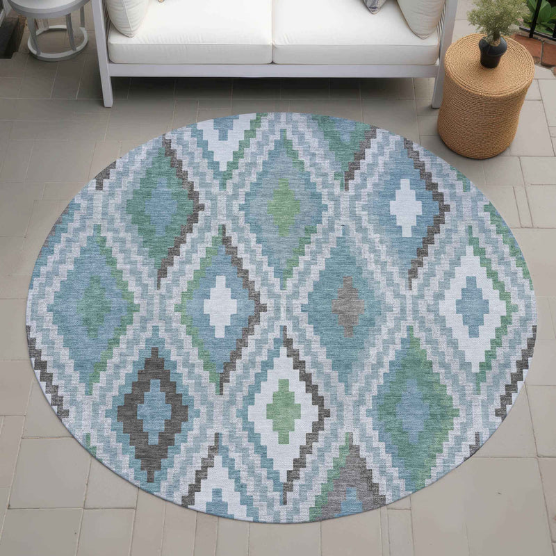 8' Teal Blue Ivory And Green Round Geometric Washable Indoor Outdoor Area Rug