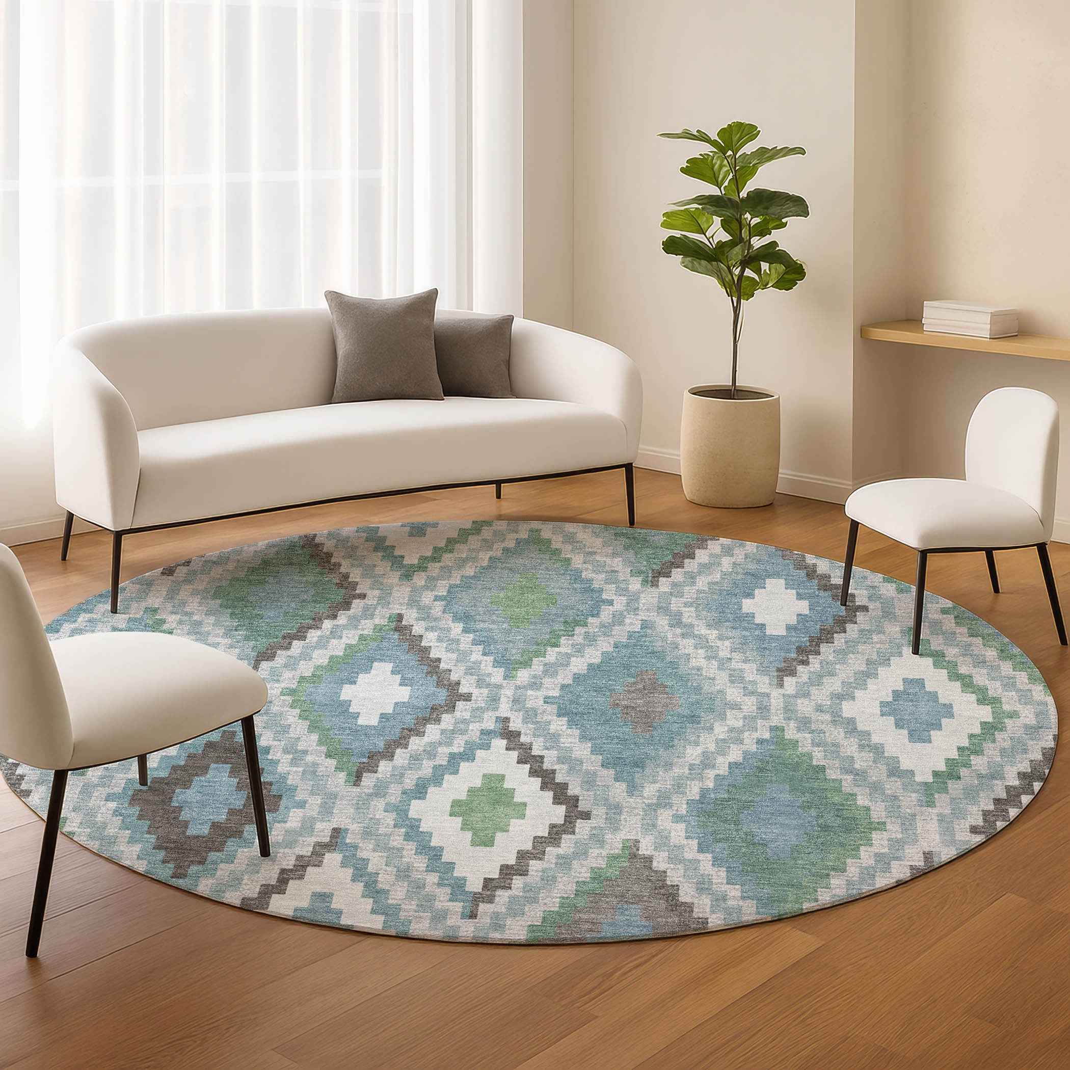 8' Teal Blue Ivory And Green Round Geometric Washable Indoor Outdoor Area Rug