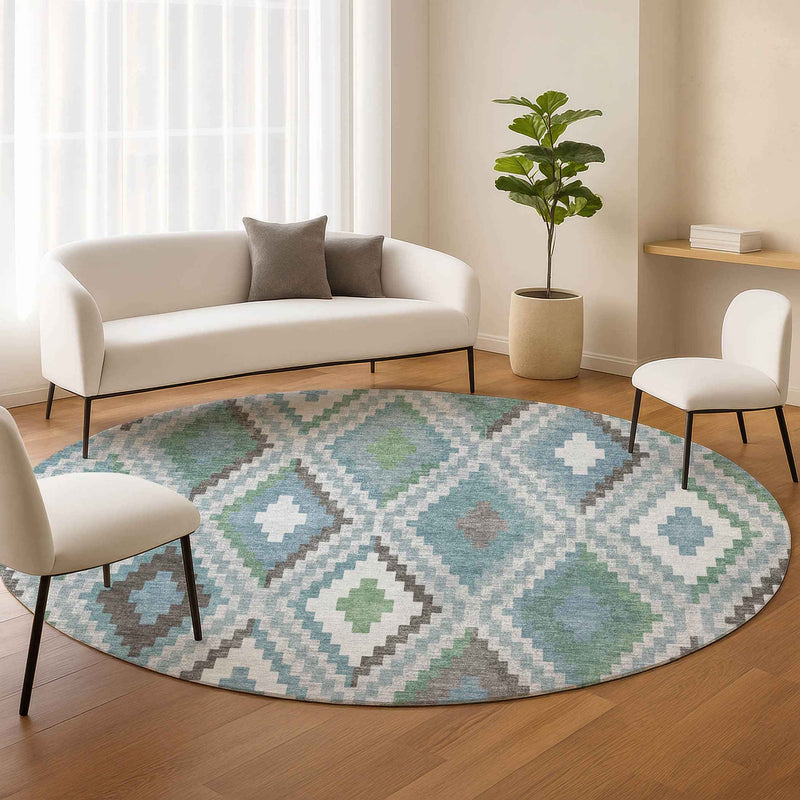 8' Teal Blue Ivory And Green Round Geometric Washable Indoor Outdoor Area Rug