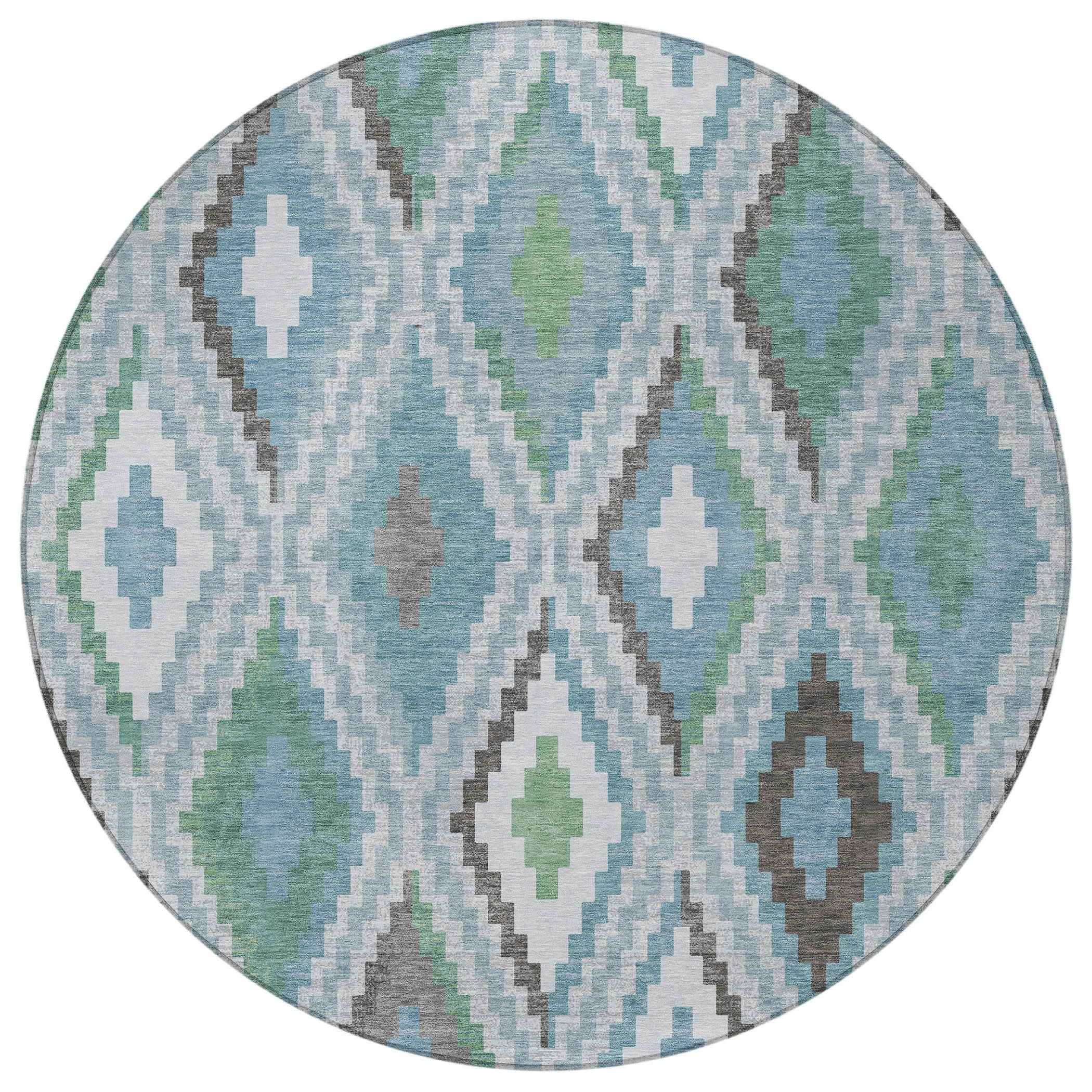 8' Teal Blue Ivory And Green Round Geometric Washable Indoor Outdoor Area Rug
