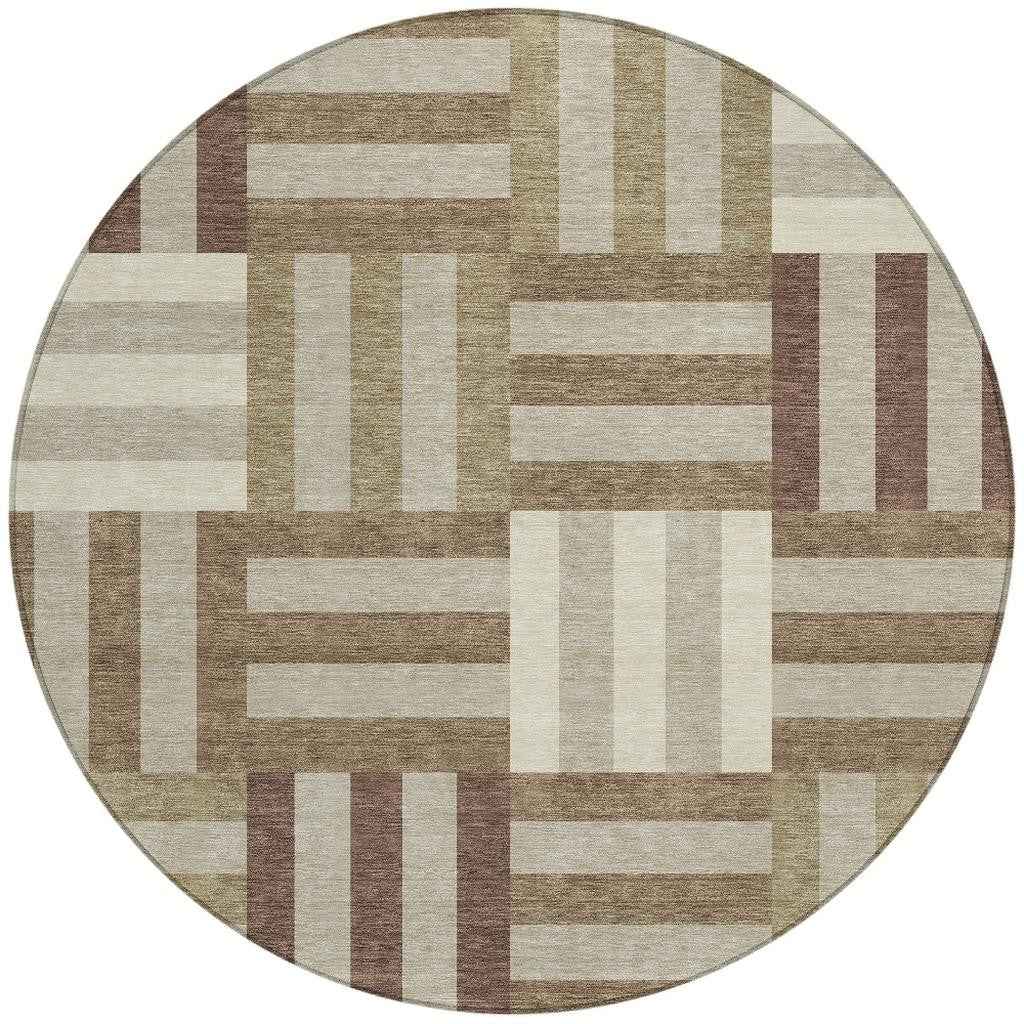 8' Brown Beige And Ivory Round Geometric Washable Indoor Outdoor Area Rug