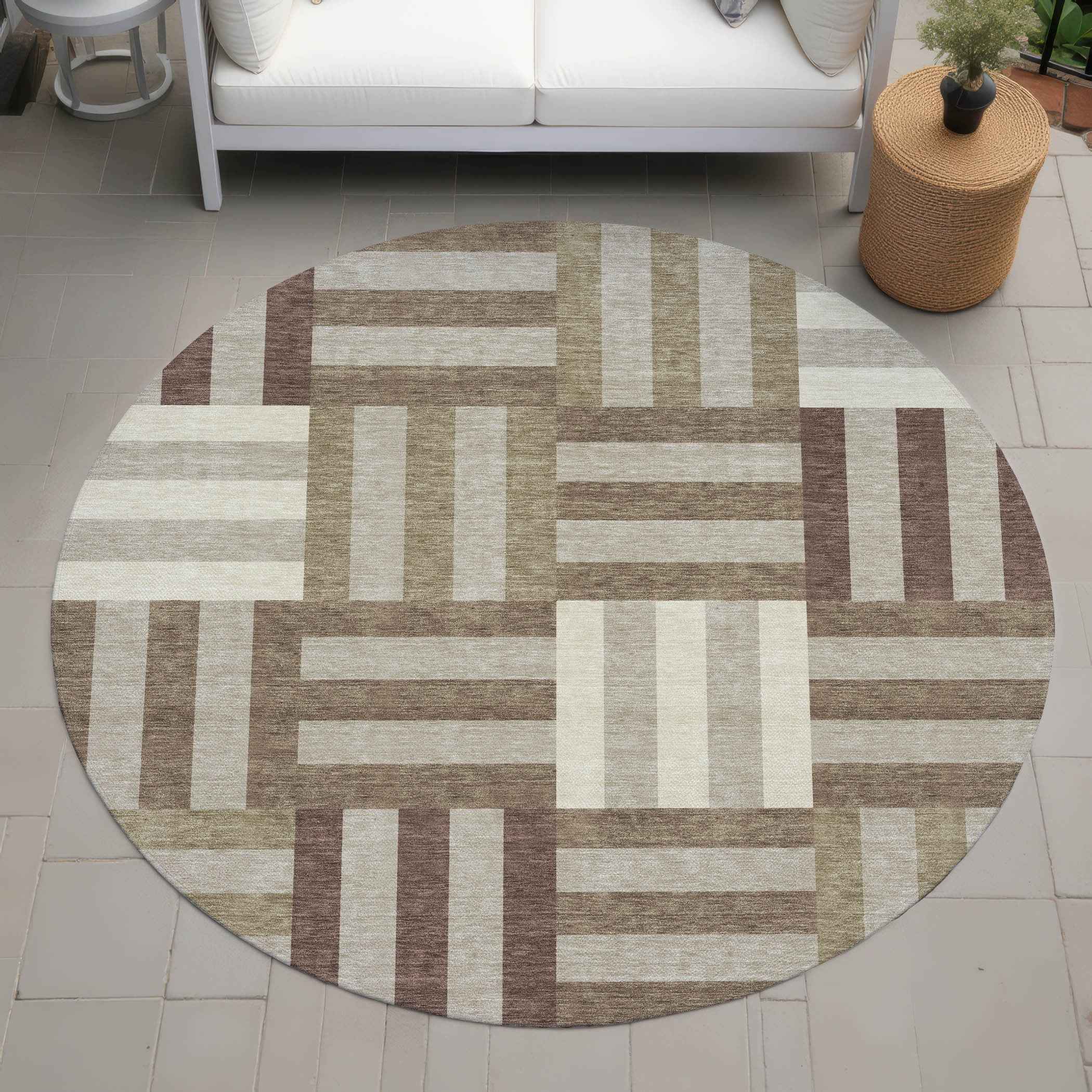 8' Brown Beige And Ivory Round Geometric Washable Indoor Outdoor Area Rug