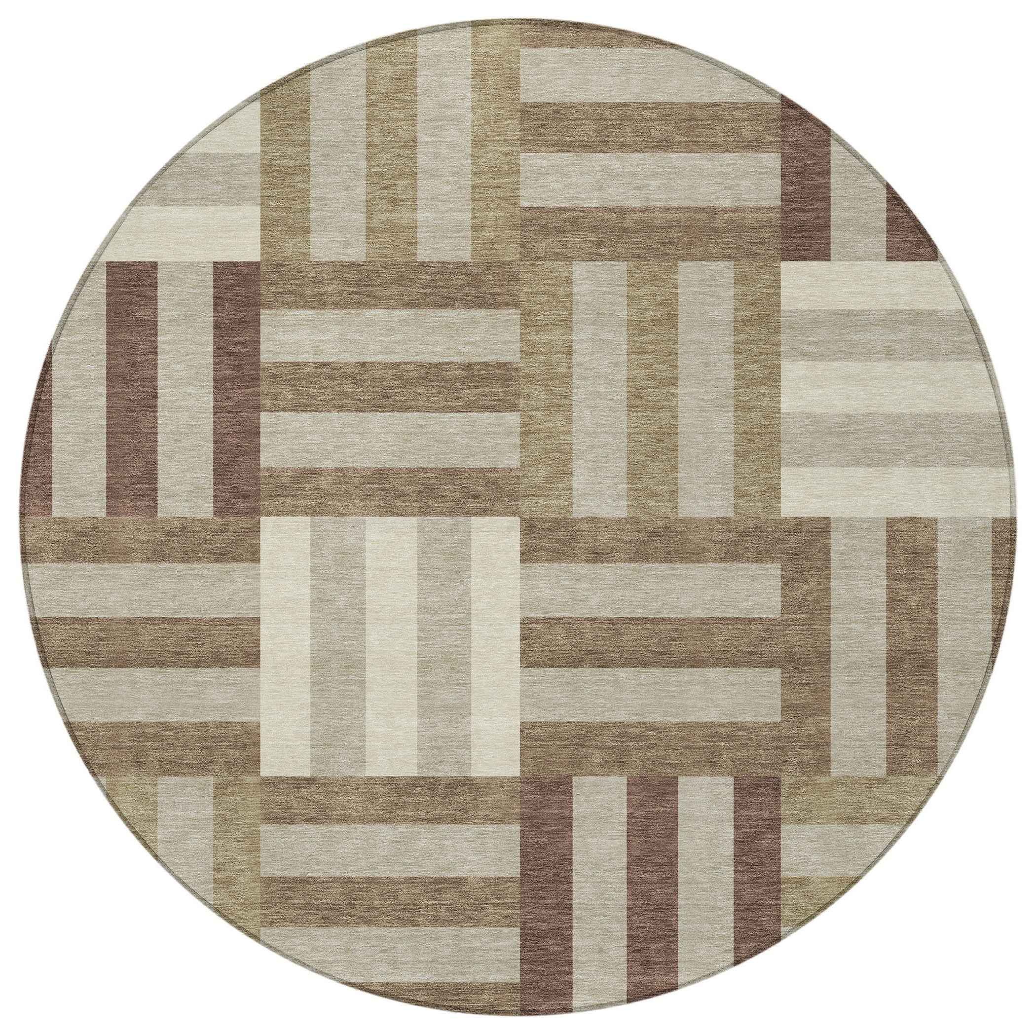 8' Brown Beige And Ivory Round Geometric Washable Indoor Outdoor Area Rug