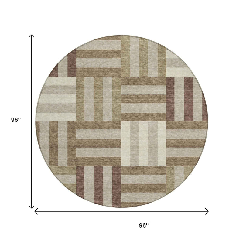 8' Brown Beige And Ivory Round Geometric Washable Indoor Outdoor Area Rug