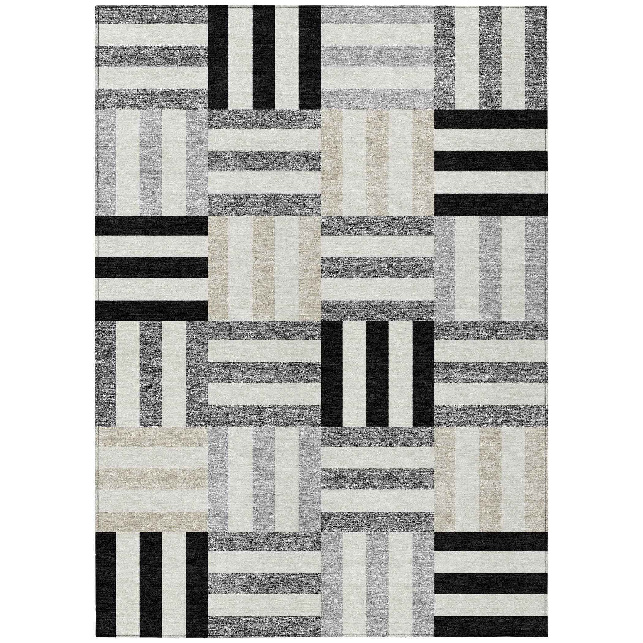8' X 10' Black Beige And Ivory Geometric Washable Indoor Outdoor Area Rug
