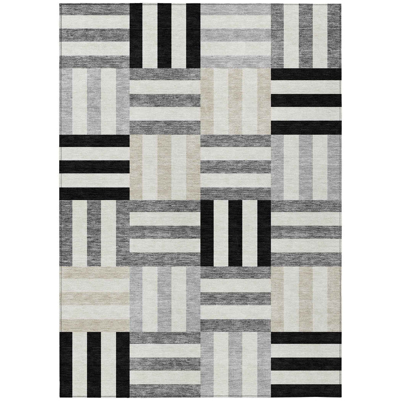 8' X 10' Black Beige And Ivory Geometric Washable Indoor Outdoor Area Rug
