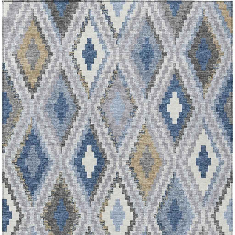 9' X 12' Denim Blue Gray And Ivory Geometric Washable Indoor Outdoor Area Rug
