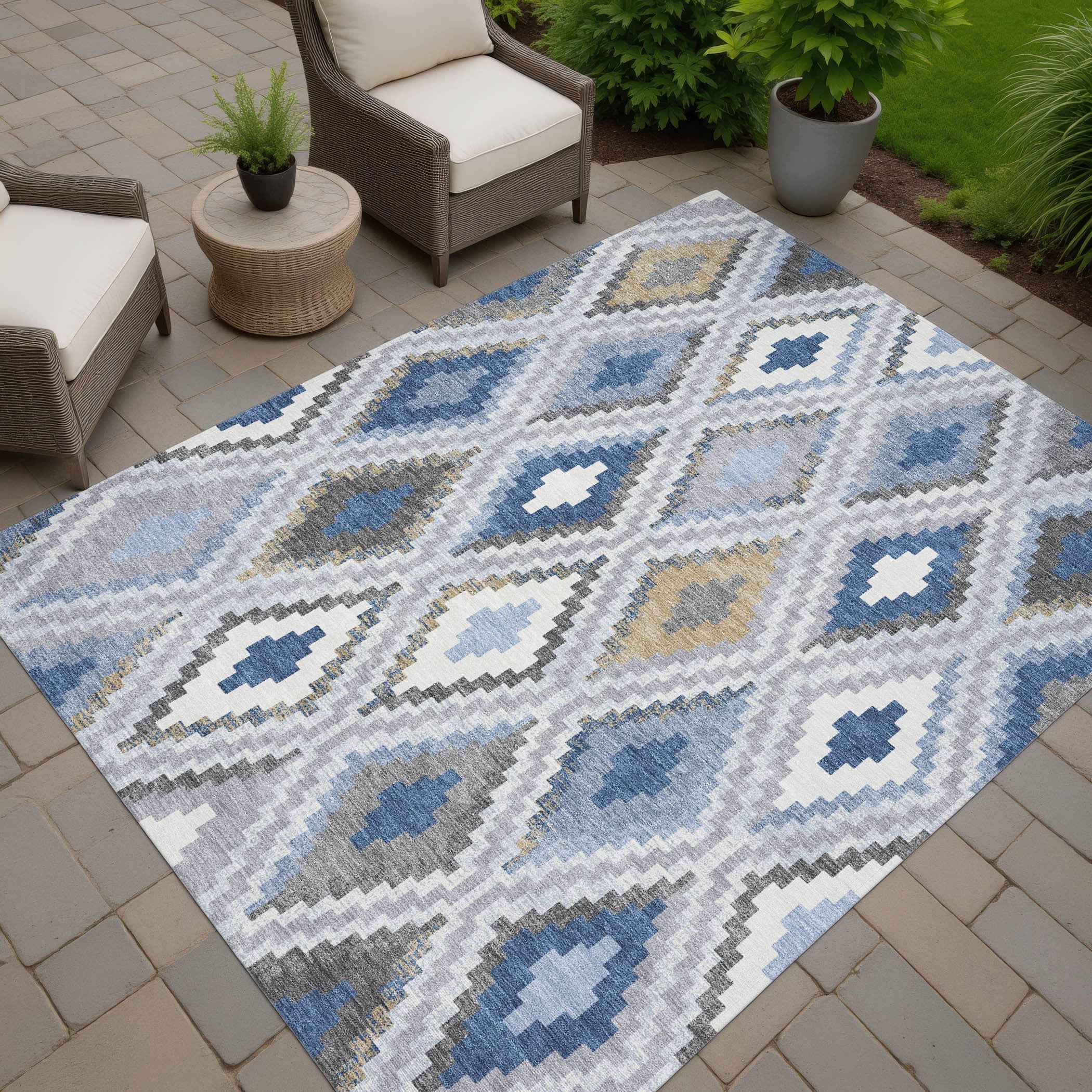 9' X 12' Denim Blue Gray And Ivory Geometric Washable Indoor Outdoor Area Rug