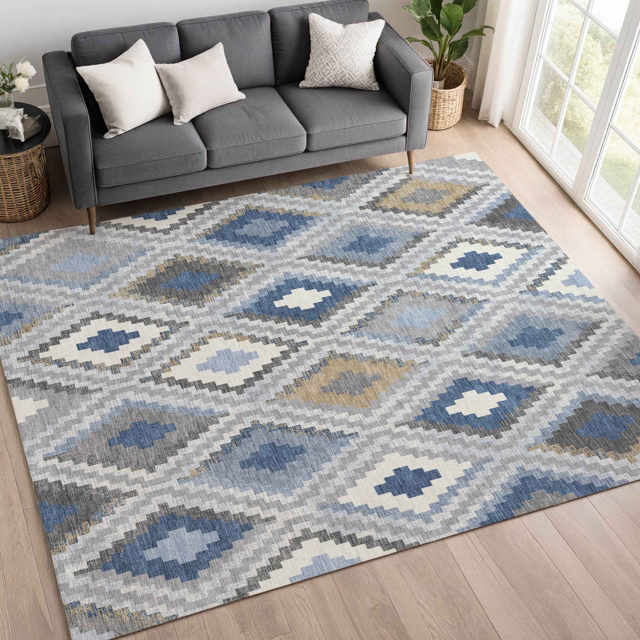 9' X 12' Denim Blue Gray And Ivory Geometric Washable Indoor Outdoor Area Rug