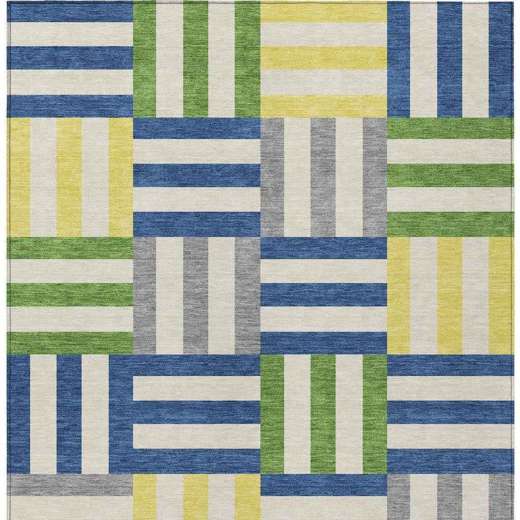 3' X 5' Blue Yellow And Green Geometric Washable Indoor Outdoor Area Rug