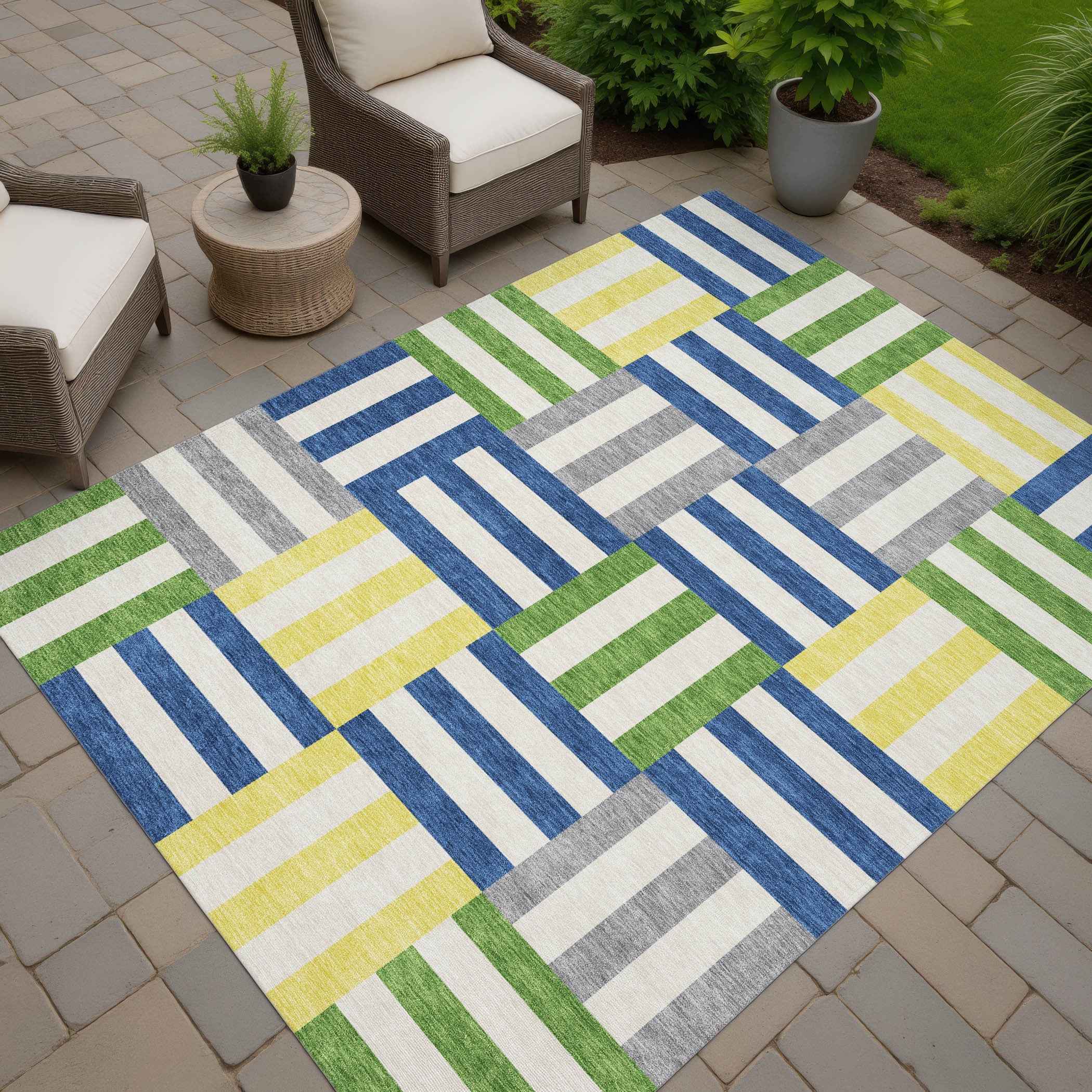 3' X 5' Blue Yellow And Green Geometric Washable Indoor Outdoor Area Rug