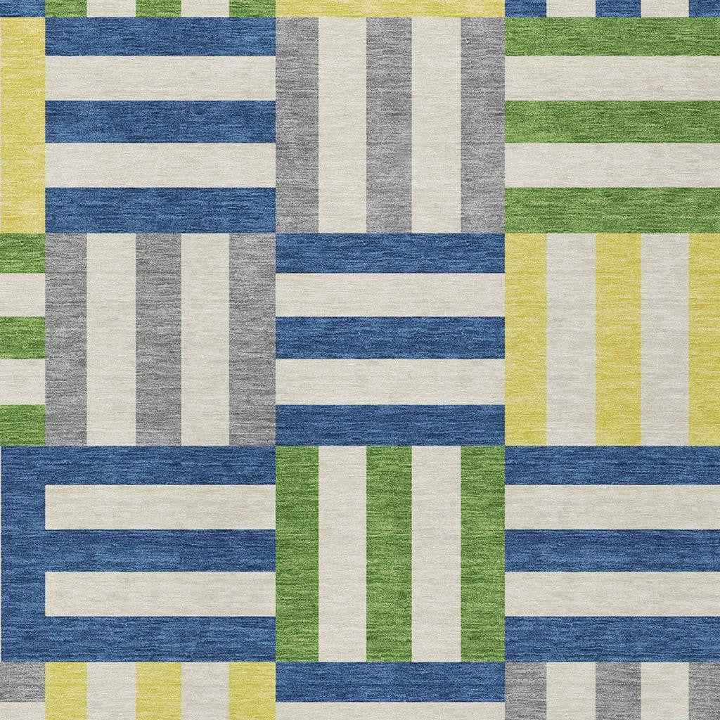 3' X 5' Blue Yellow And Green Geometric Washable Indoor Outdoor Area Rug