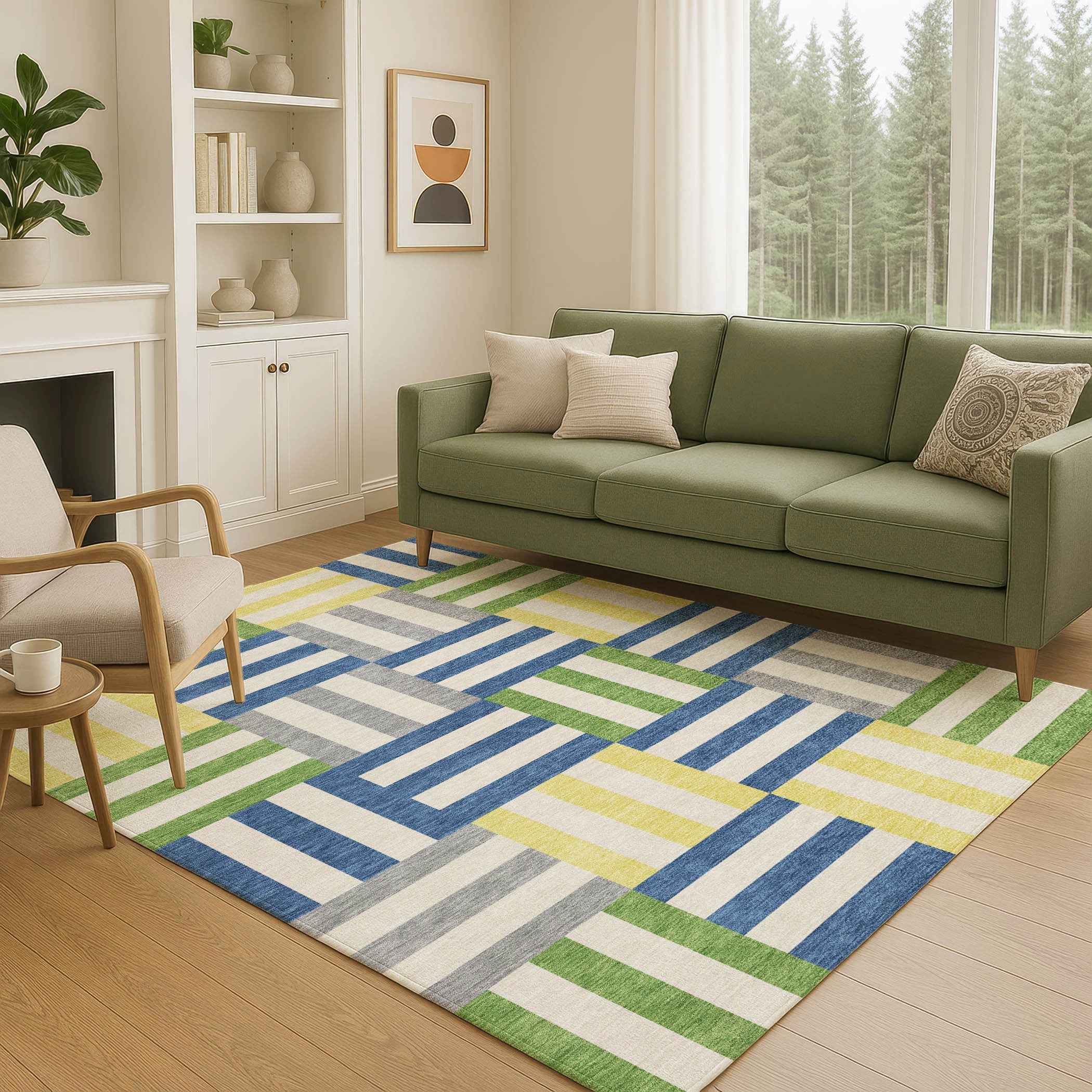 3' X 5' Blue Yellow And Green Geometric Washable Indoor Outdoor Area Rug