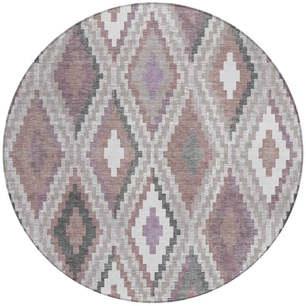 8' Blush Ivory And Gray Round Geometric Washable Indoor Outdoor Area Rug