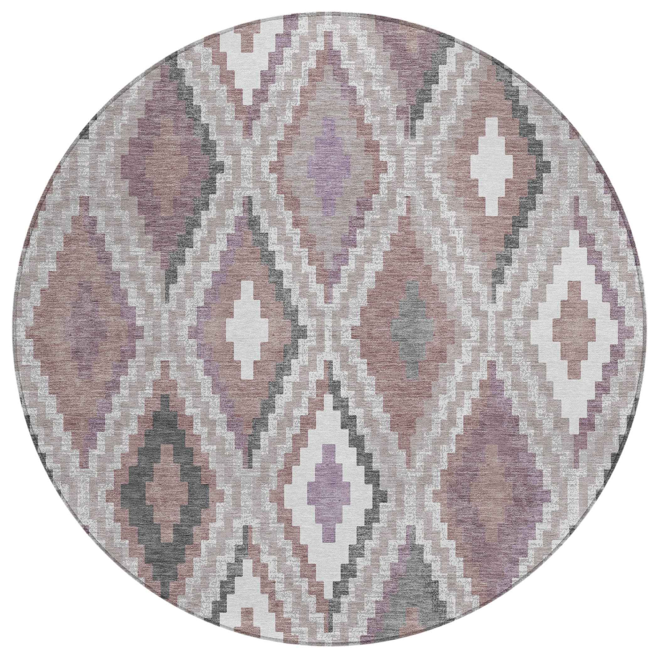 8' Blush Ivory And Gray Round Geometric Washable Indoor Outdoor Area Rug