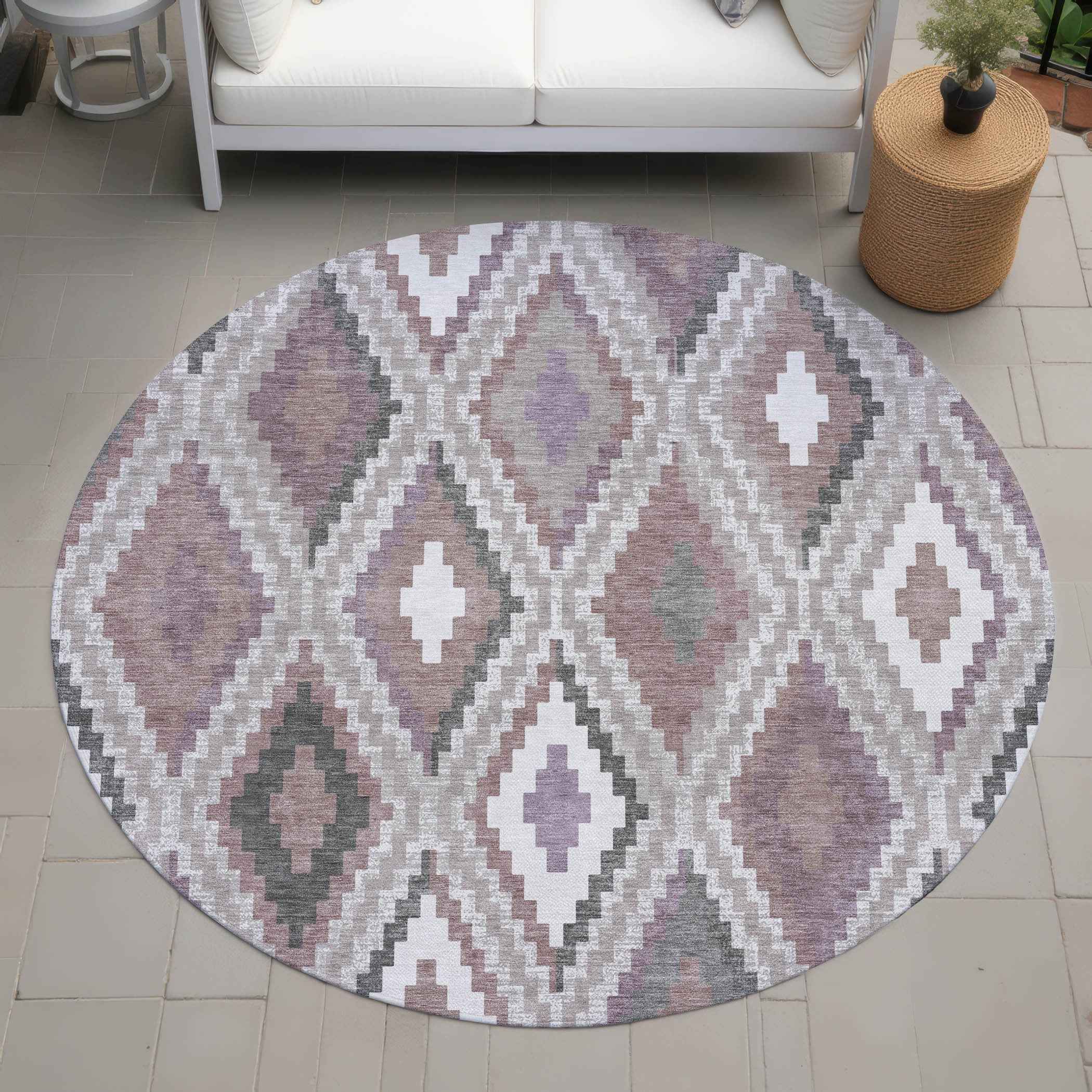 8' Blush Ivory And Gray Round Geometric Washable Indoor Outdoor Area Rug