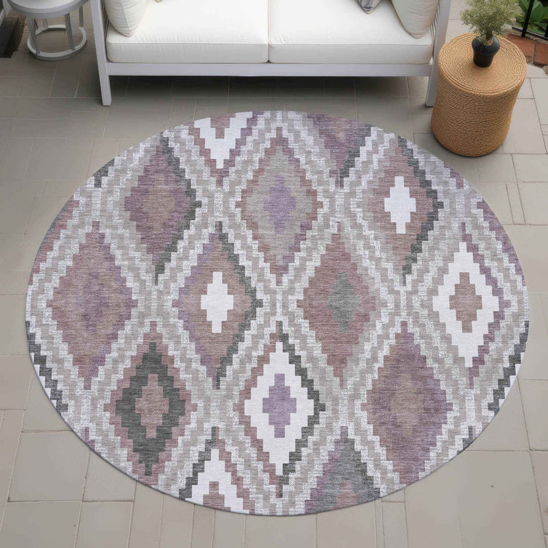 8' Blush Ivory And Gray Round Geometric Washable Indoor Outdoor Area Rug