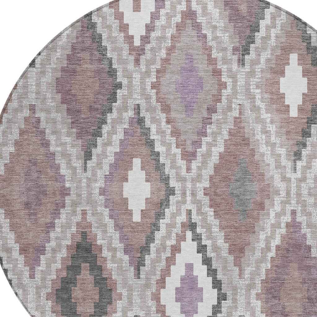 8' Blush Ivory And Gray Round Geometric Washable Indoor Outdoor Area Rug