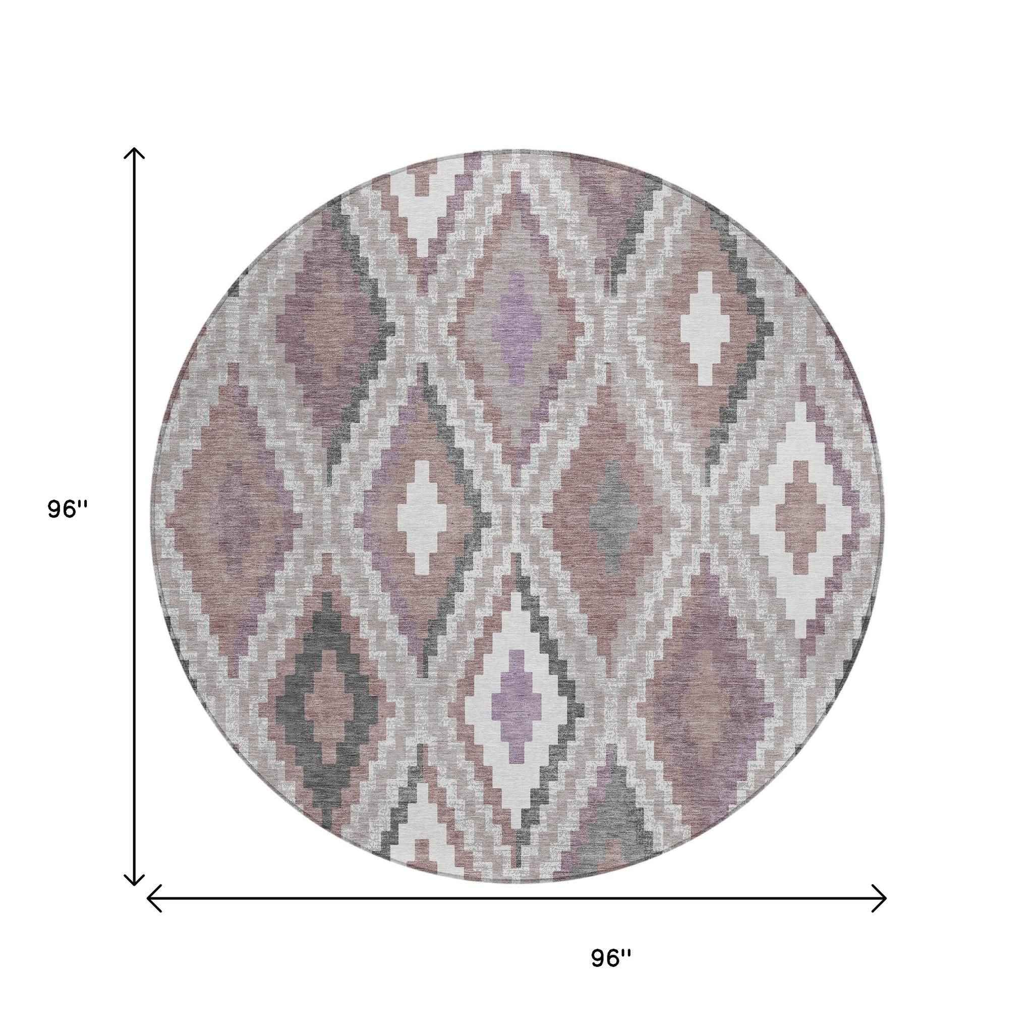 8' Blush Ivory And Gray Round Geometric Washable Indoor Outdoor Area Rug