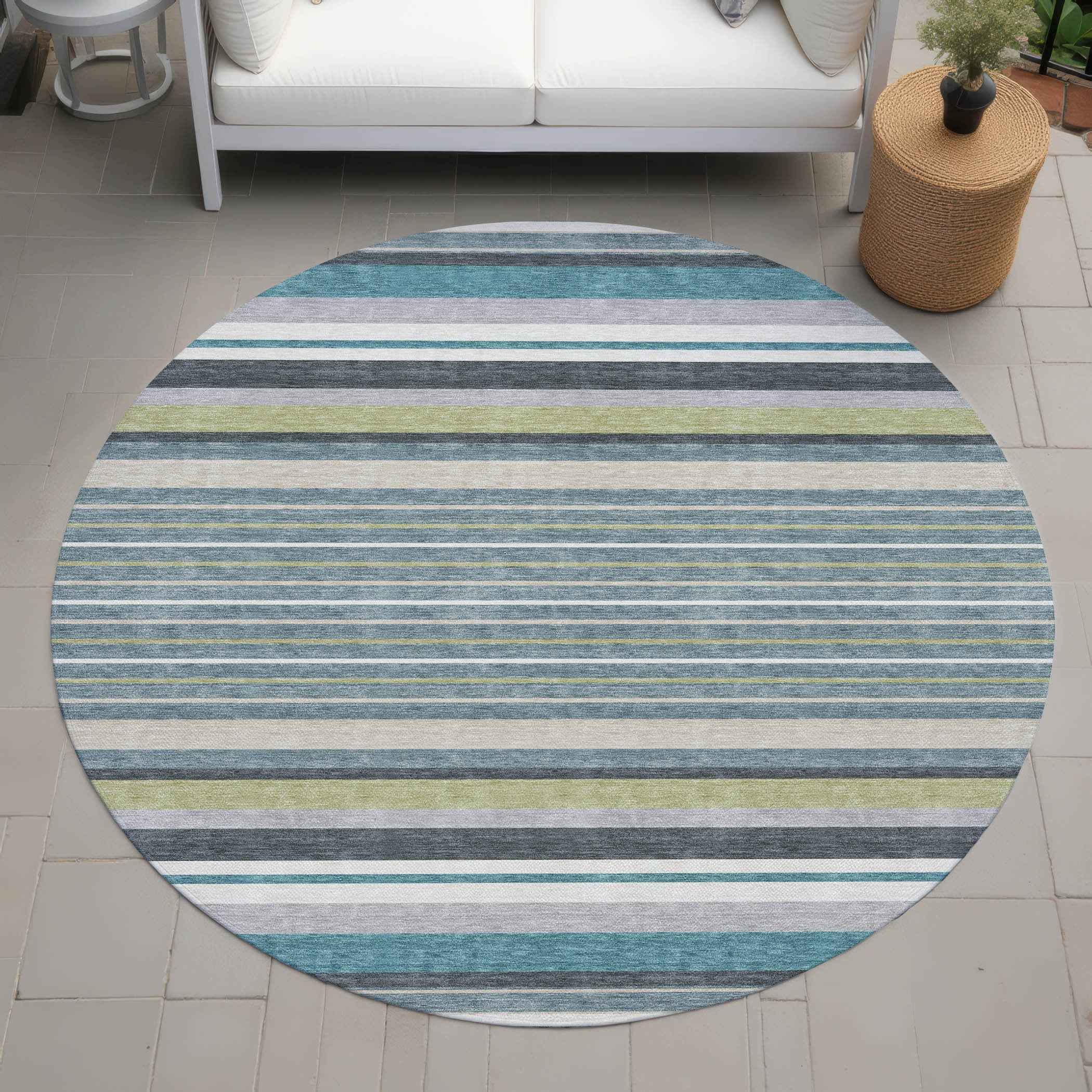 8' Teal Blue Gray And Ivory Round Striped Washable Indoor Outdoor Area Rug