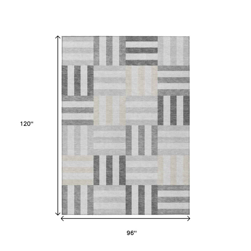 8' X 10' Gray And Ivory Geometric Washable Indoor Outdoor Area Rug