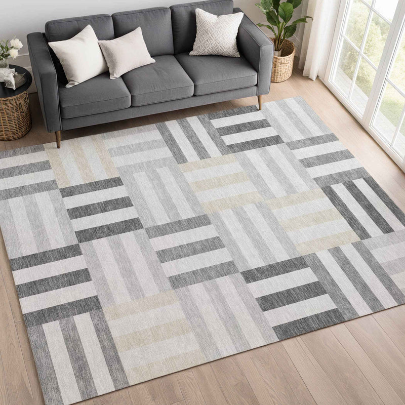 8' X 10' Gray And Ivory Geometric Washable Indoor Outdoor Area Rug