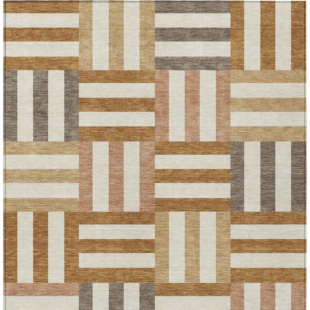 8' X 10' Chili Red Ivory And Copper Geometric Washable Indoor Outdoor Area Rug