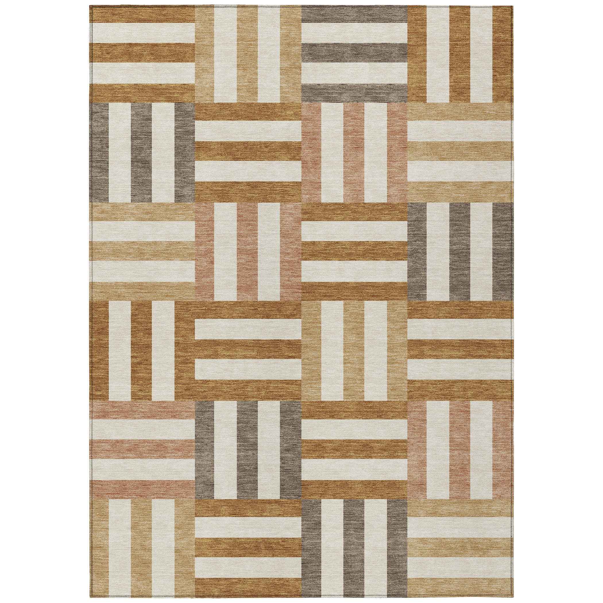 8' X 10' Chili Red Ivory And Copper Geometric Washable Indoor Outdoor Area Rug