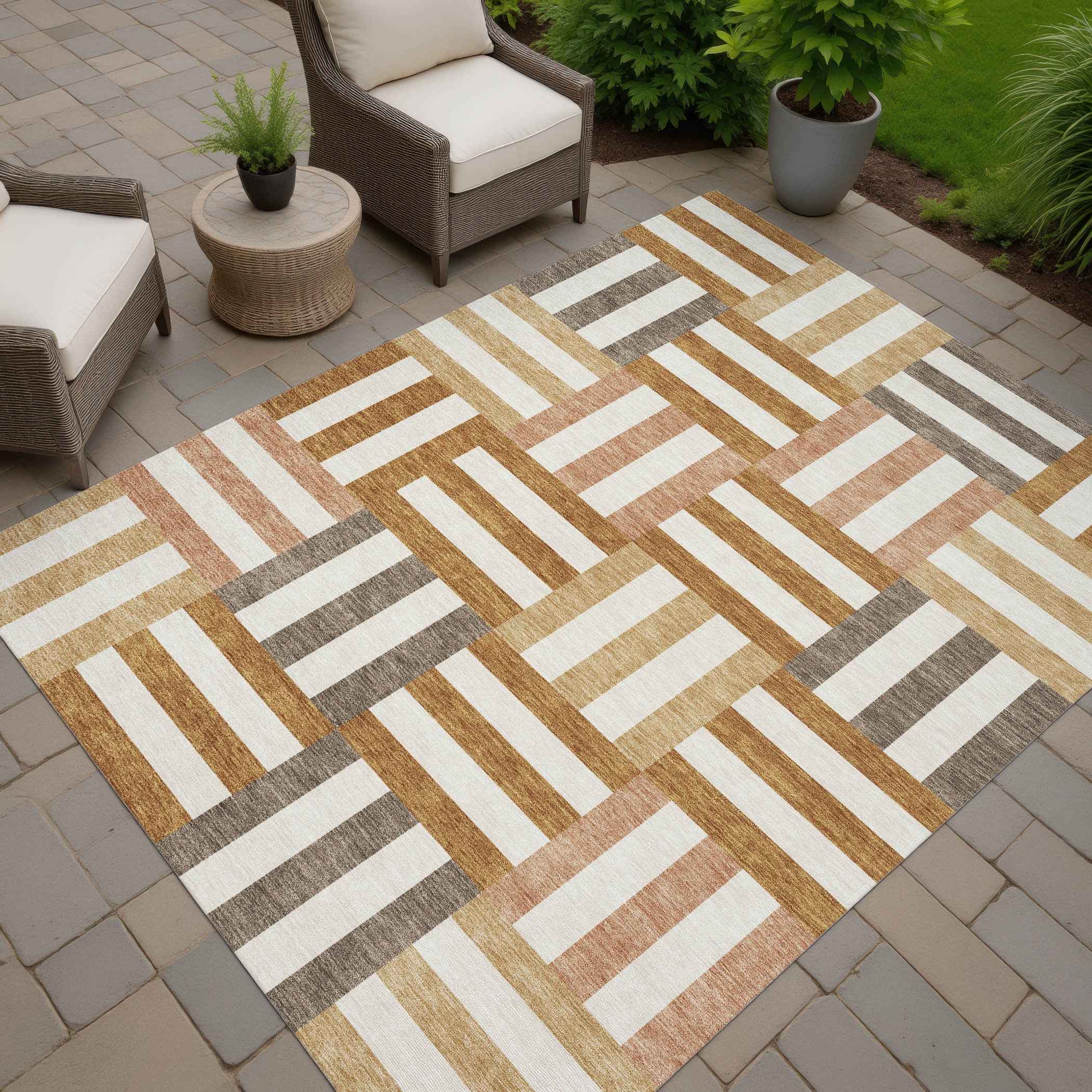 8' X 10' Chili Red Ivory And Copper Geometric Washable Indoor Outdoor Area Rug