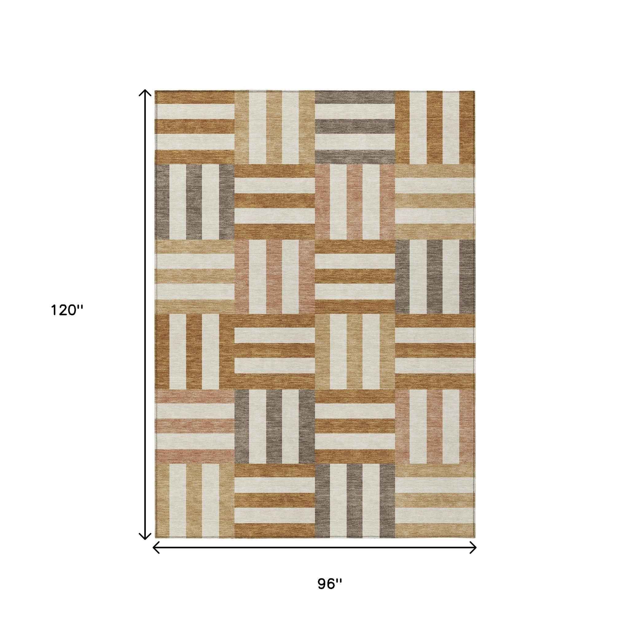 8' X 10' Chili Red Ivory And Copper Geometric Washable Indoor Outdoor Area Rug