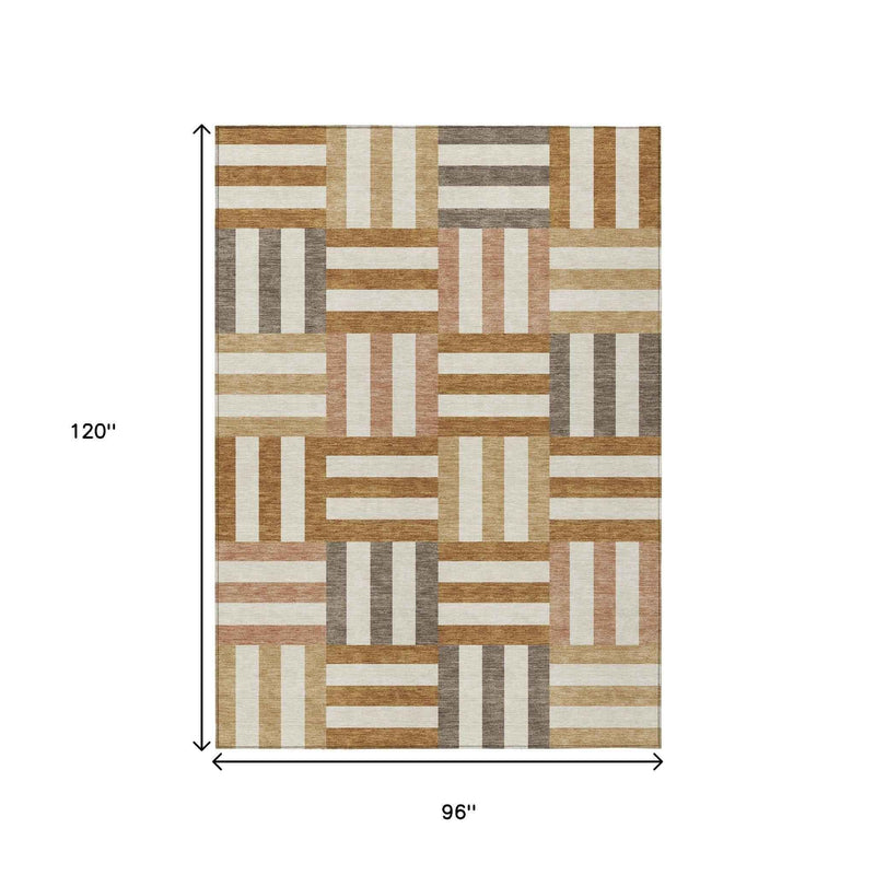 8' X 10' Chili Red Ivory And Copper Geometric Washable Indoor Outdoor Area Rug