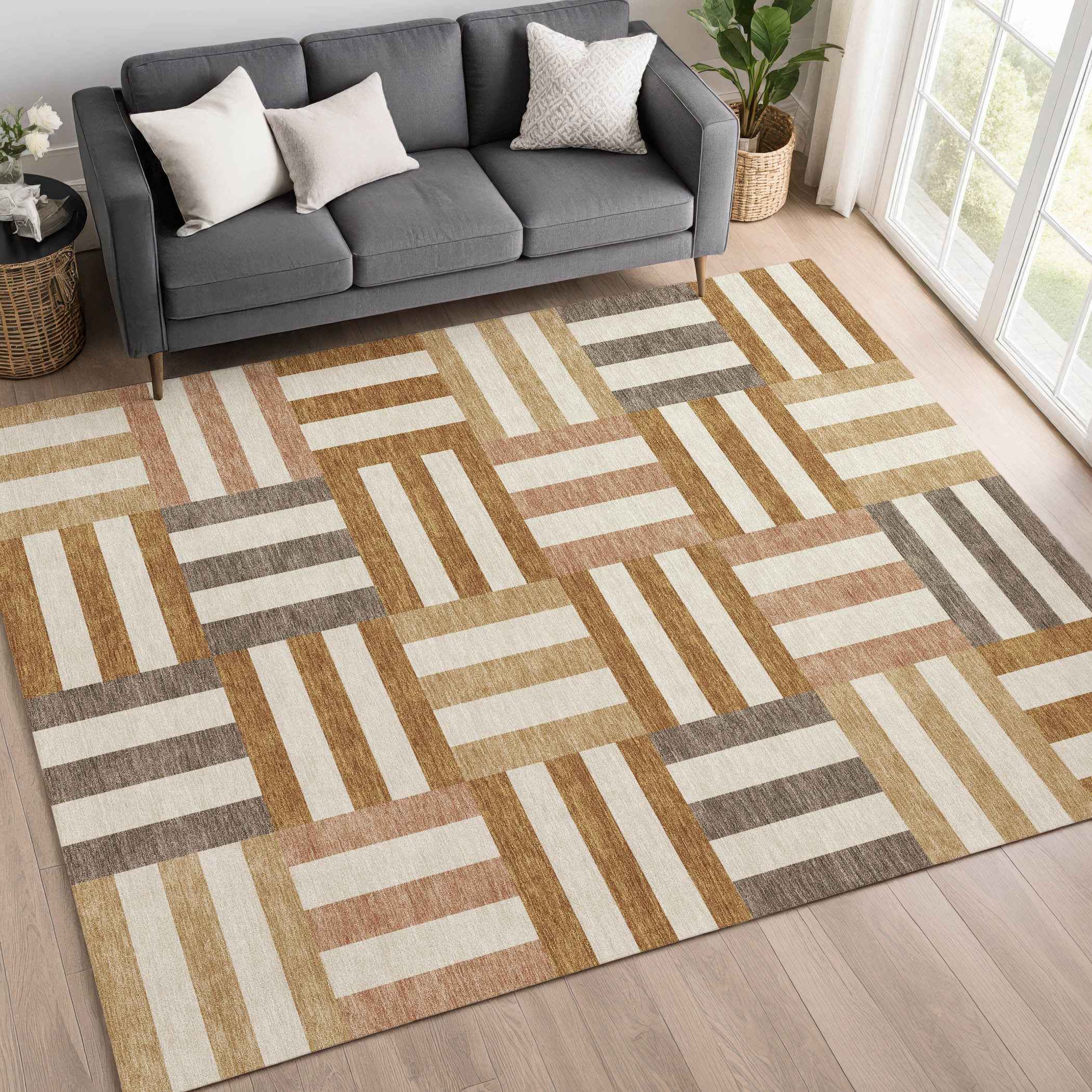 8' X 10' Chili Red Ivory And Copper Geometric Washable Indoor Outdoor Area Rug