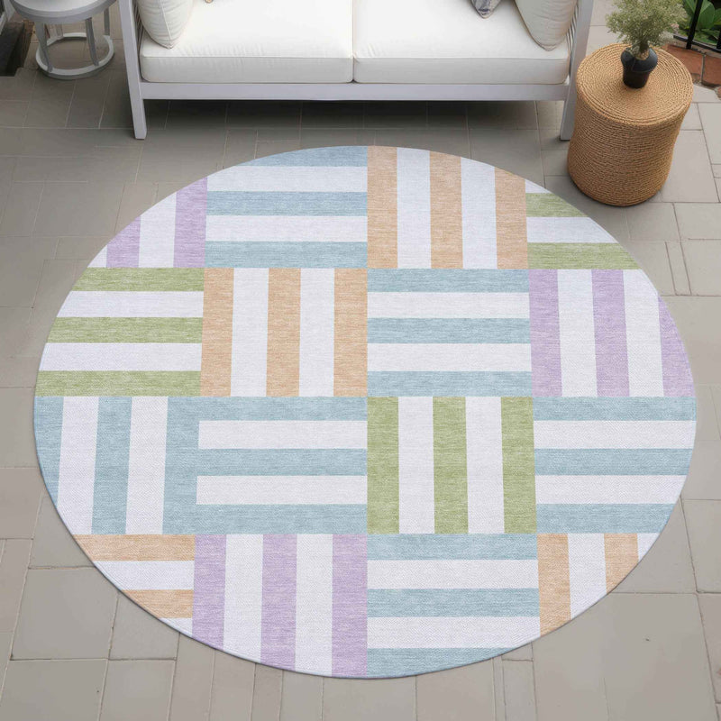 8' Pearl Blue And Lavender Round Geometric Washable Indoor Outdoor Area Rug