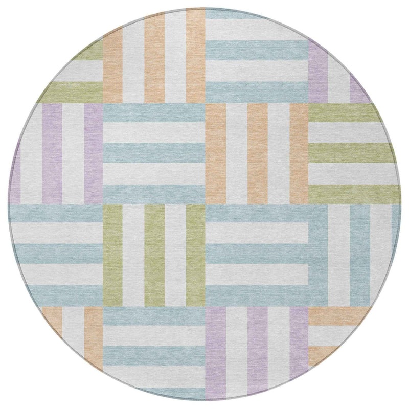 8' Pearl Blue And Lavender Round Geometric Washable Indoor Outdoor Area Rug