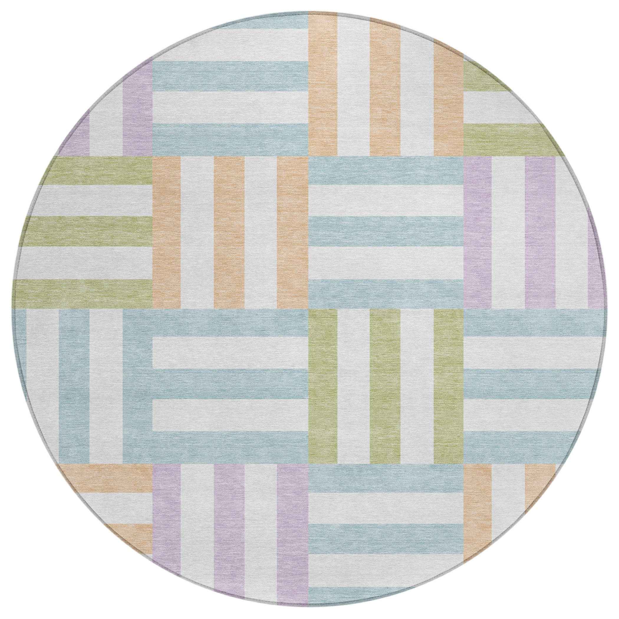 8' Pearl Blue And Lavender Round Geometric Washable Indoor Outdoor Area Rug