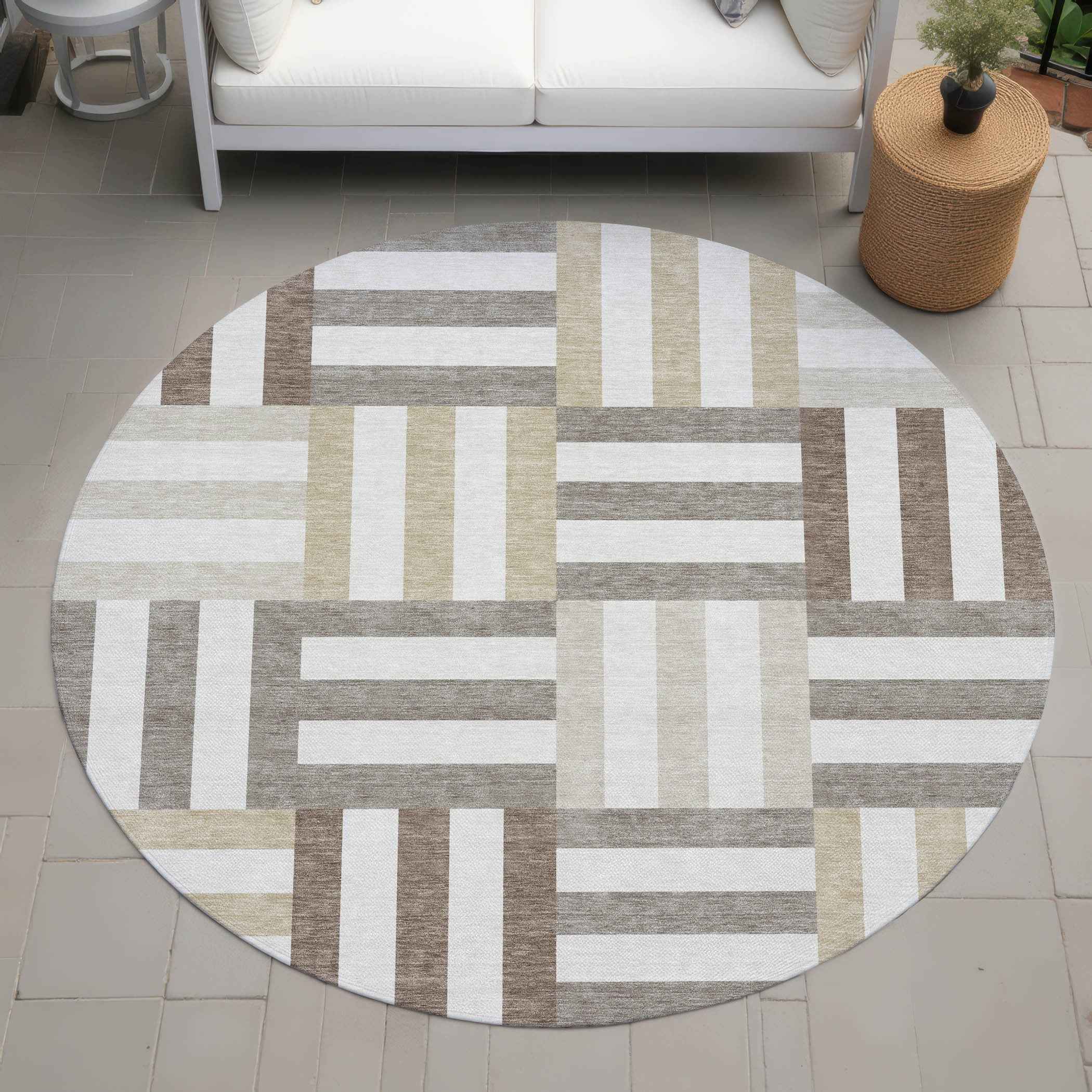 8' Ivory Gray And Brown Round Geometric Washable Indoor Outdoor Area Rug