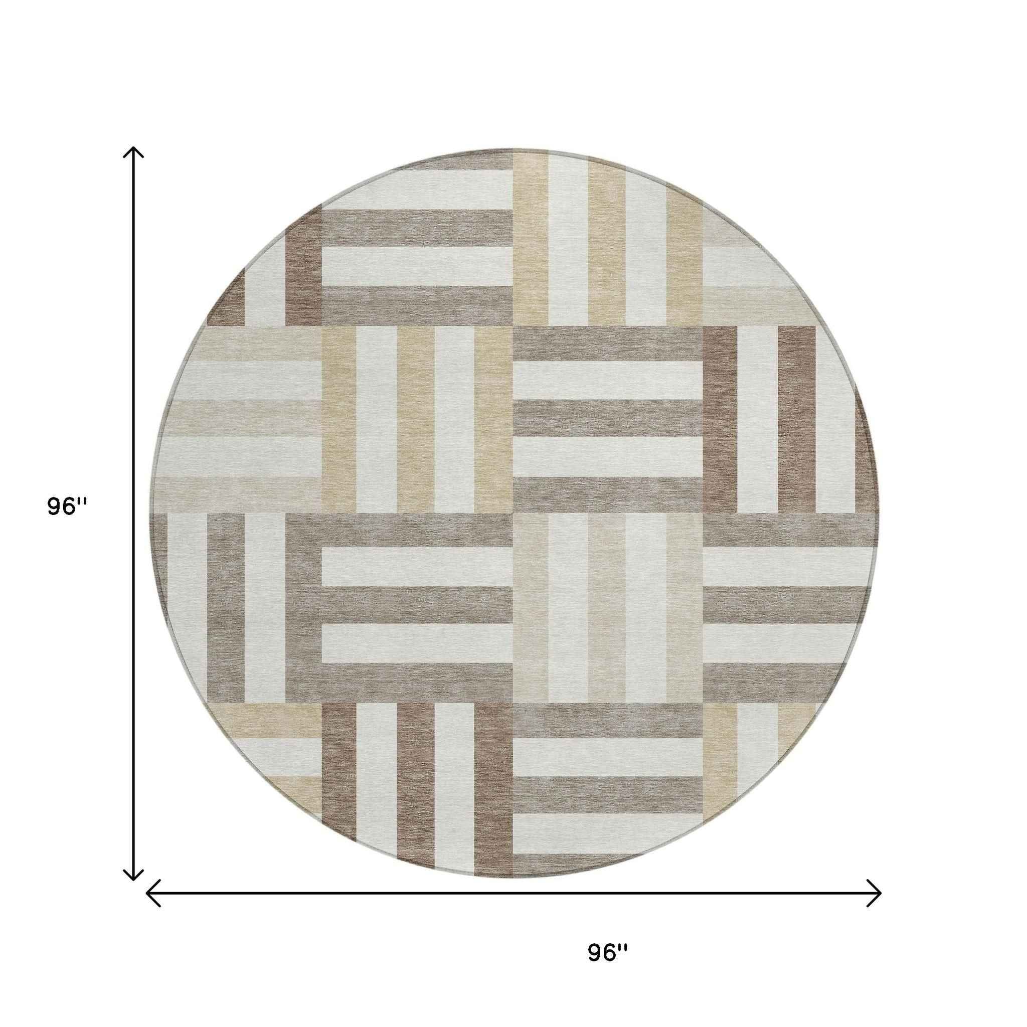 8' Ivory Gray And Brown Round Geometric Washable Indoor Outdoor Area Rug