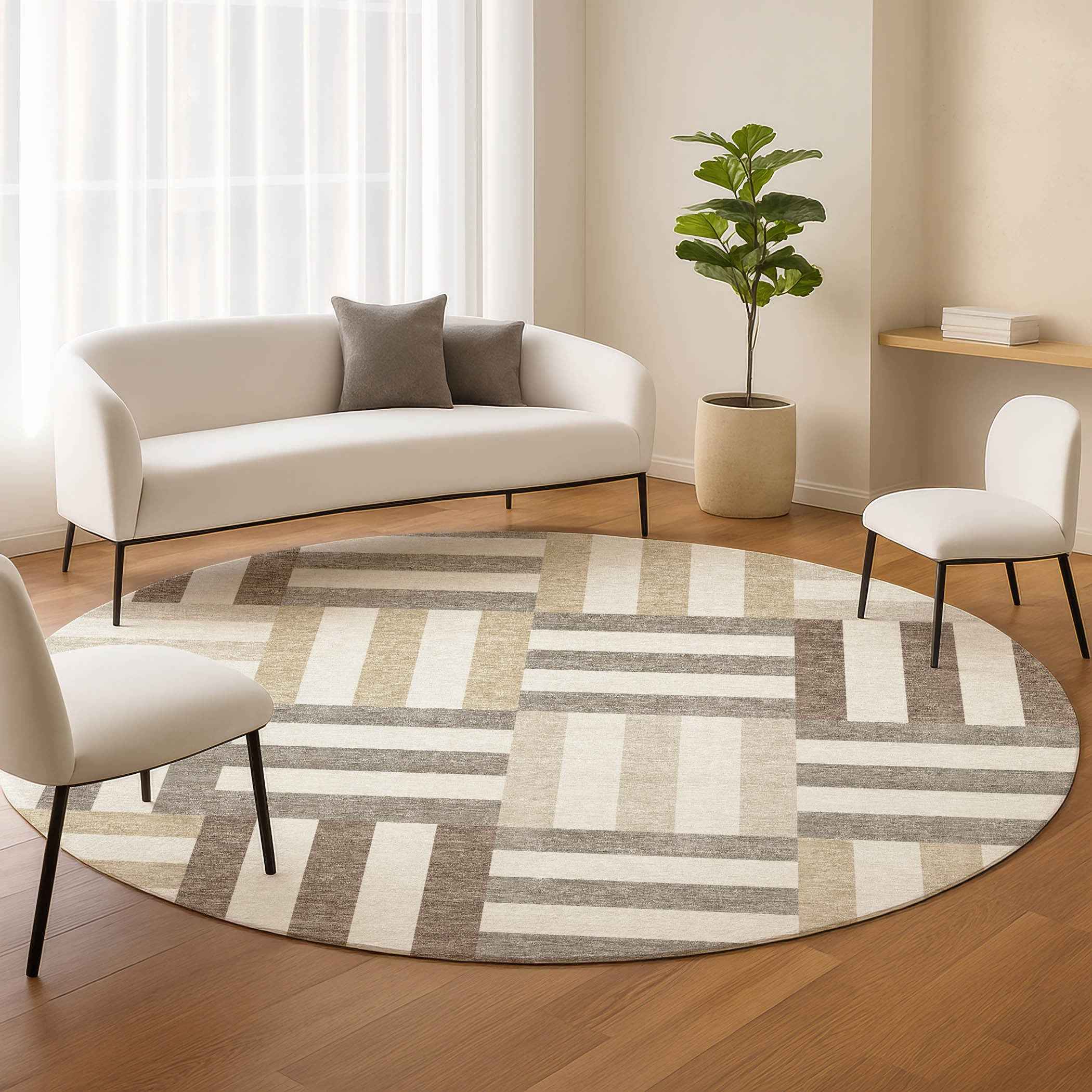 8' Ivory Gray And Brown Round Geometric Washable Indoor Outdoor Area Rug