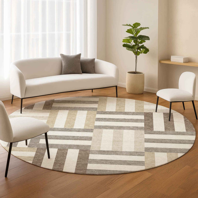 8' Ivory Gray And Brown Round Geometric Washable Indoor Outdoor Area Rug