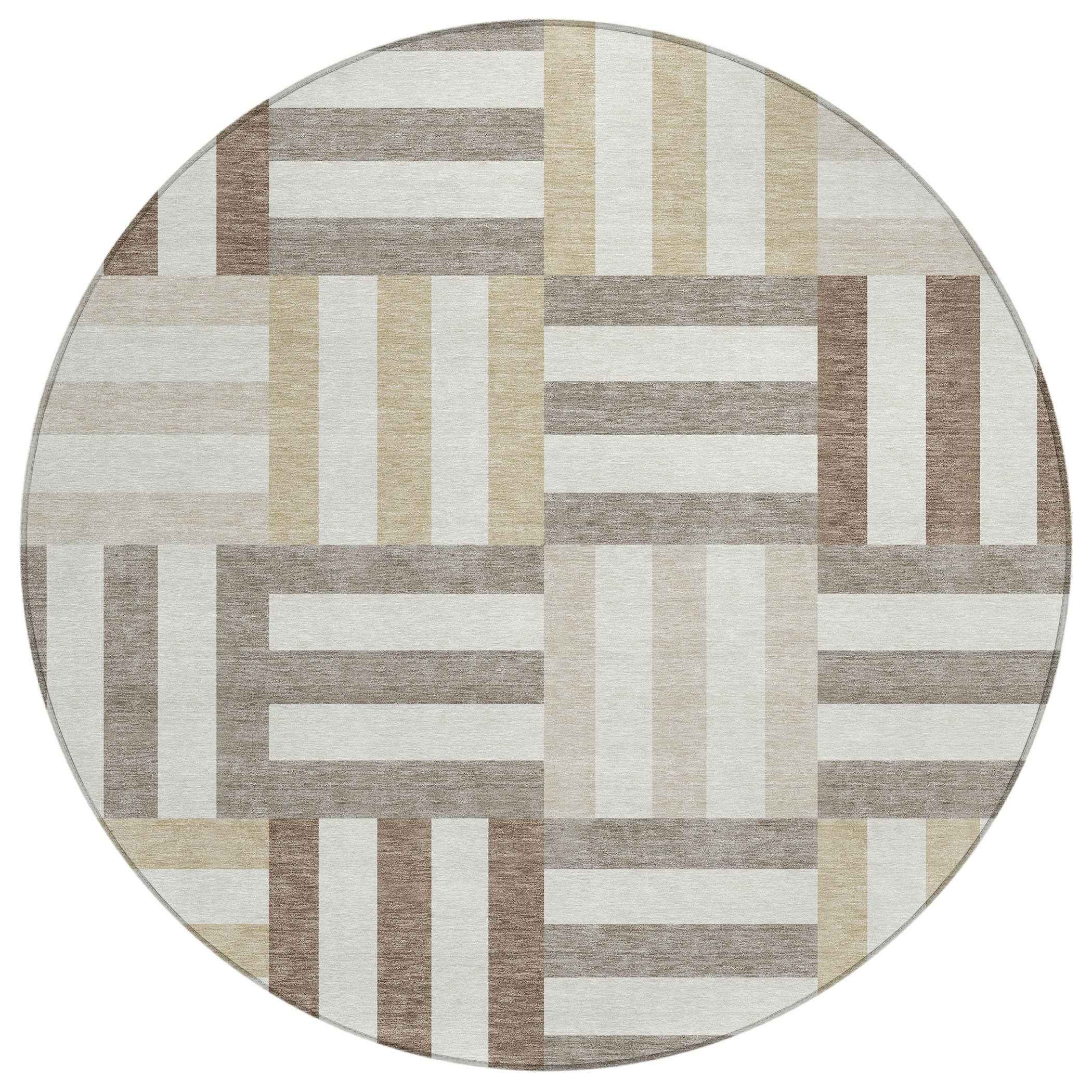8' Ivory Gray And Brown Round Geometric Washable Indoor Outdoor Area Rug